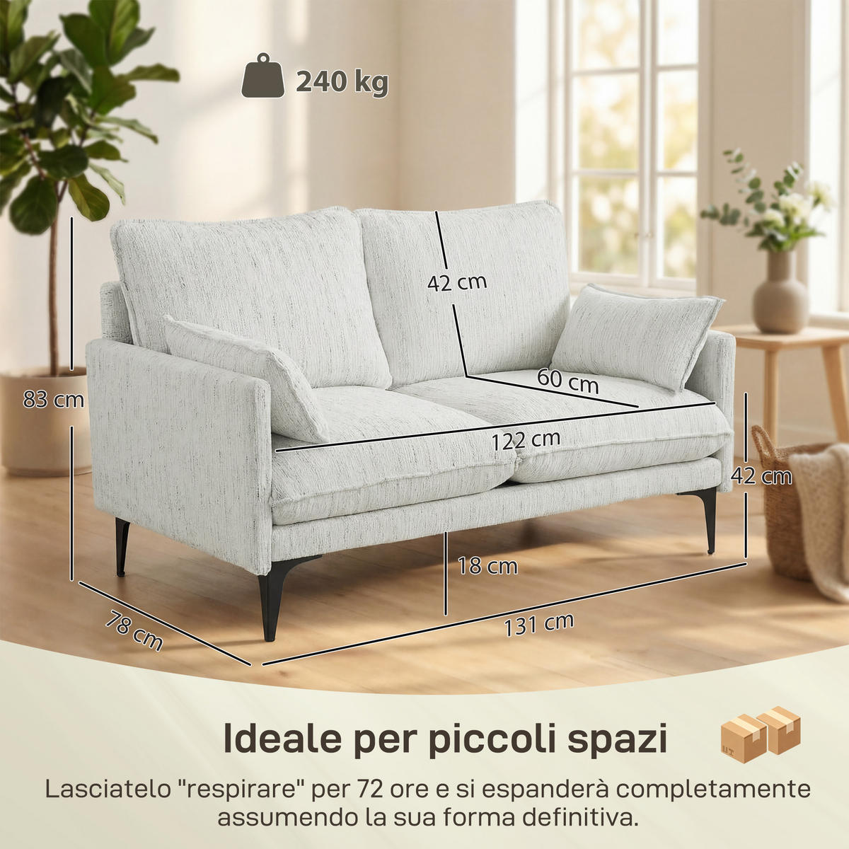 SOFA, 2-Sitzer, Stoff, Armlehnen, 2 Kissen, weiß, 131x78x83cm - Multicolor, Holzwerkstoff (131/83/78cm) - FORIOUS