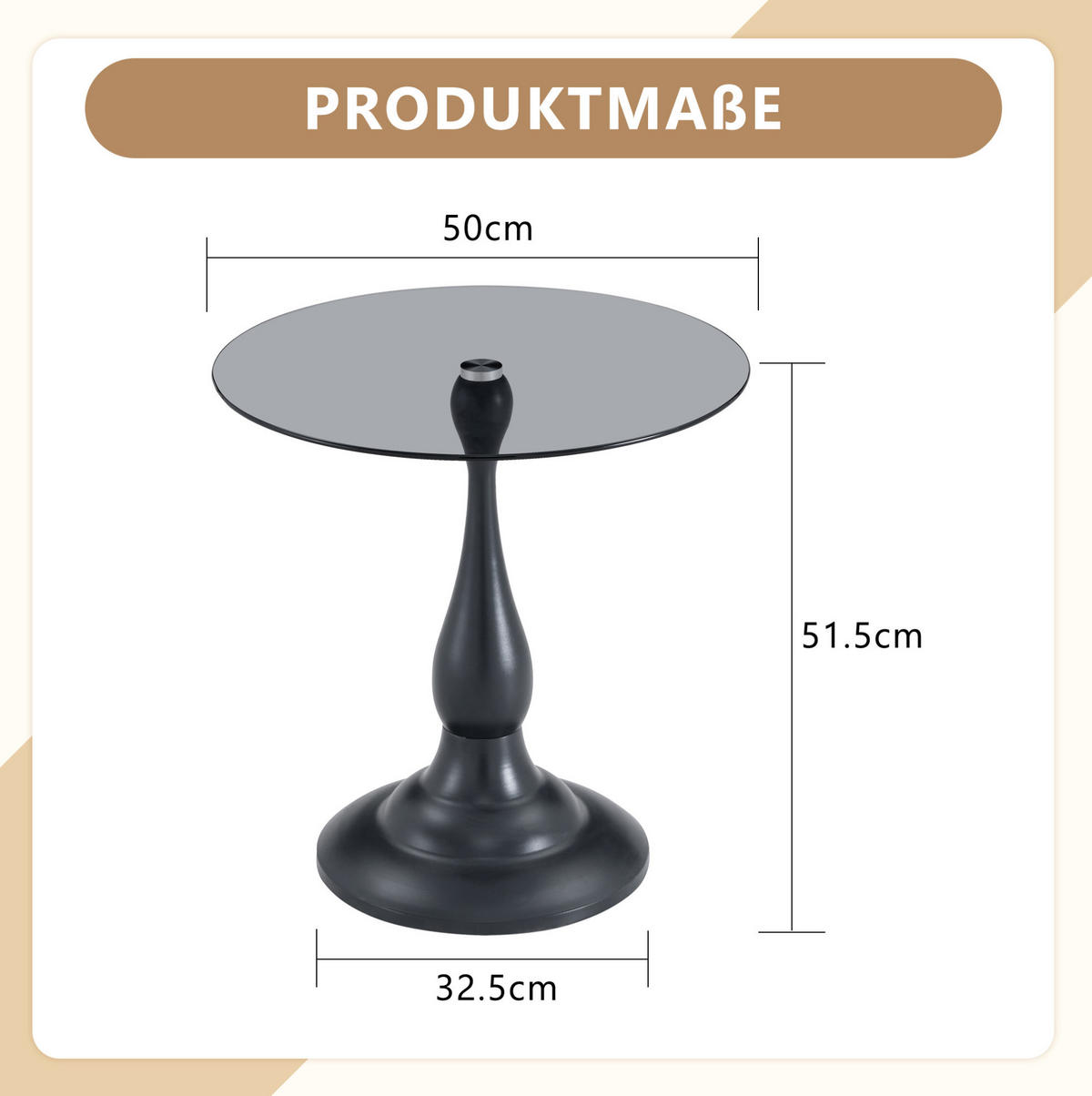 RUNDER Glas-Beistelltisch 50x50x51 cm Schwarz mit Metallgestell - Schwarz, Glas (50/50/51.5cm) - IVMEU