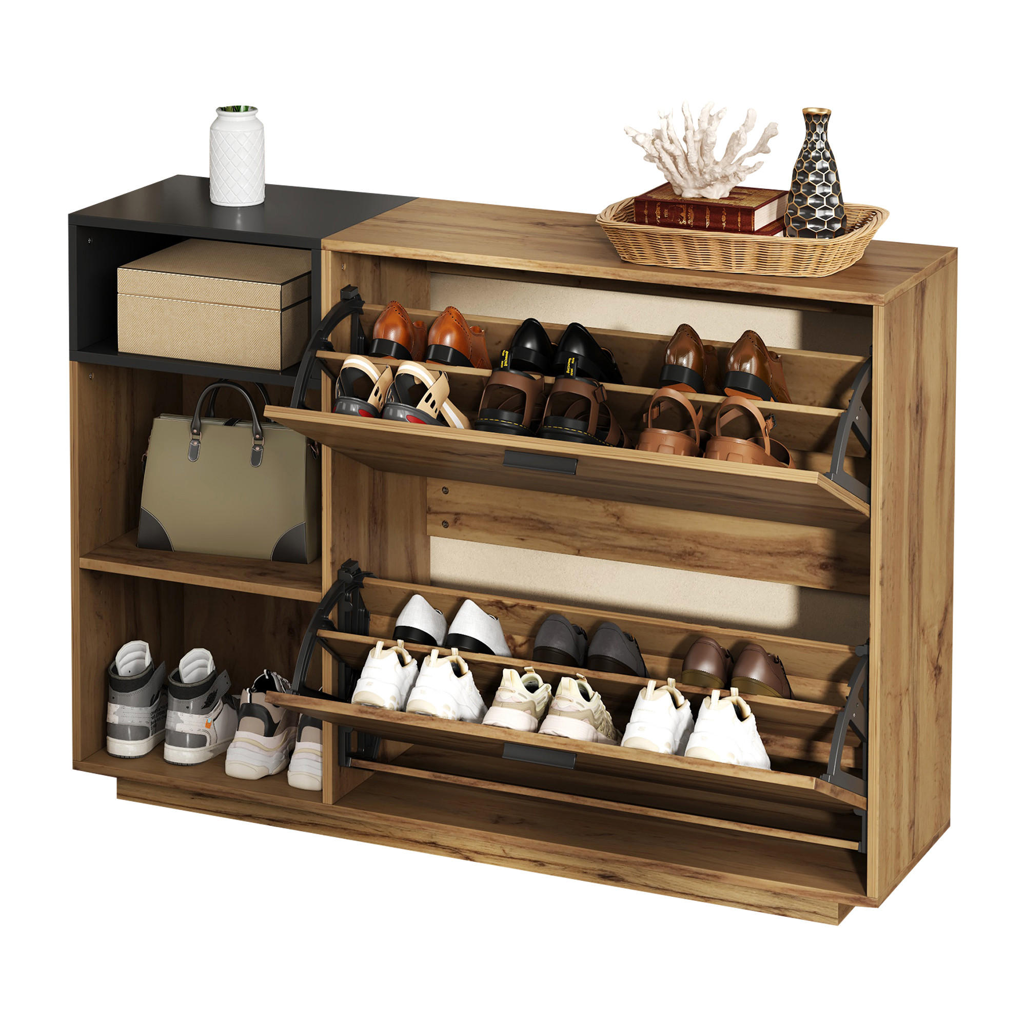 SCHUHSCHRANK in Naturfarben und Schwarz mit 3 offenen Fächern und 2 Klappfächern für Flur, B120/T32/H84.5 cm - Naturfarben, Holzwerkstoff (120/84.5/32cm) - STILVORA