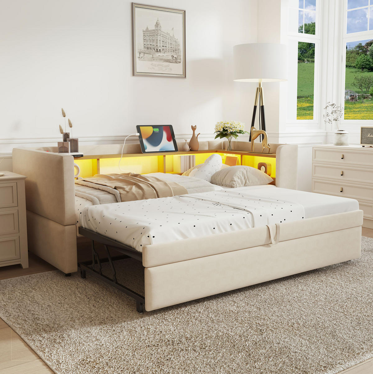 POLSTERBETT 90/180 cm Beige aus Flanell mit LED und Steckdosen - Beige, Textil (90/190cm) - OKMYHOME