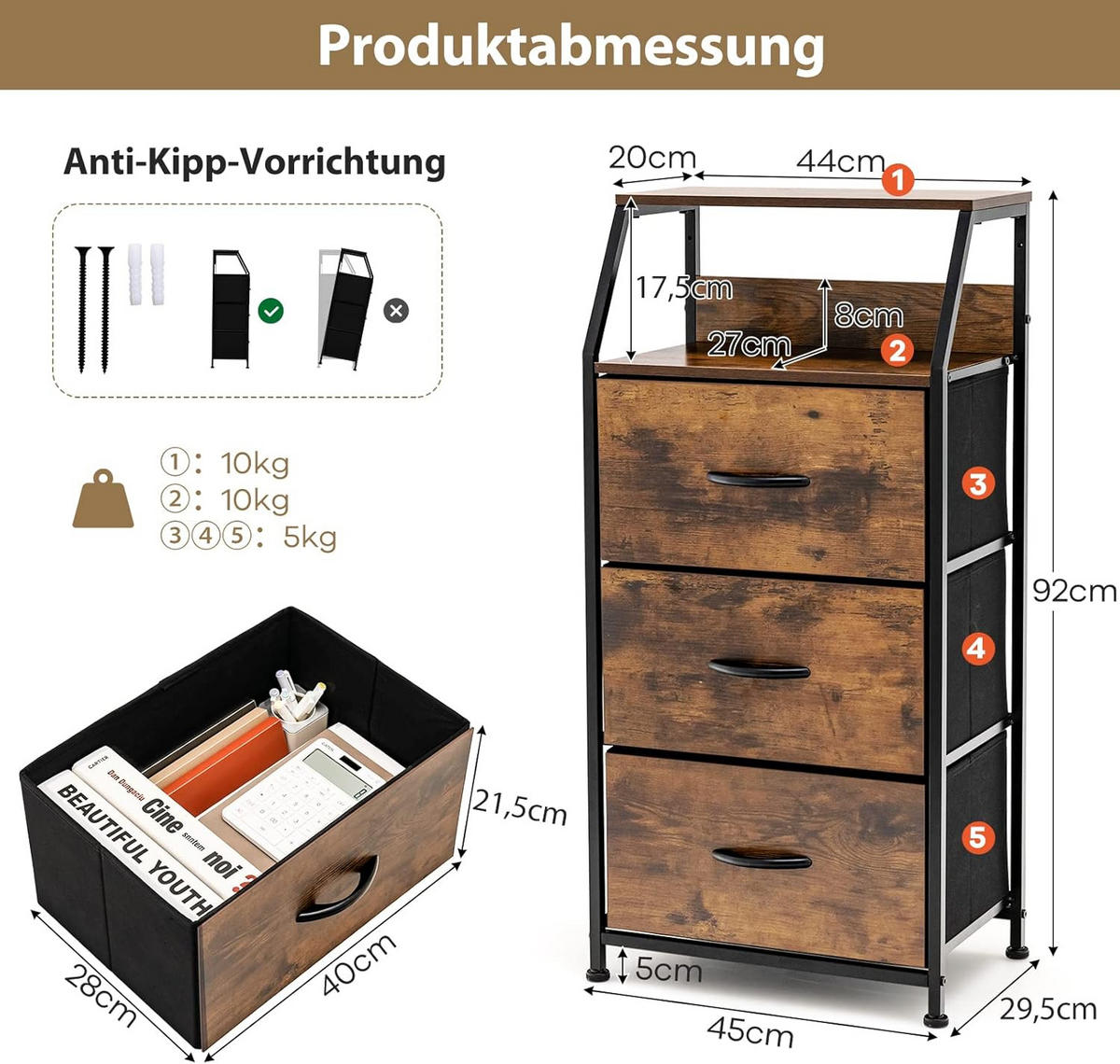 AUFBEWAHRUNGSSCHRANK 92cm Braun - Braun, Holz (30/92/45cm) - COSTWAY