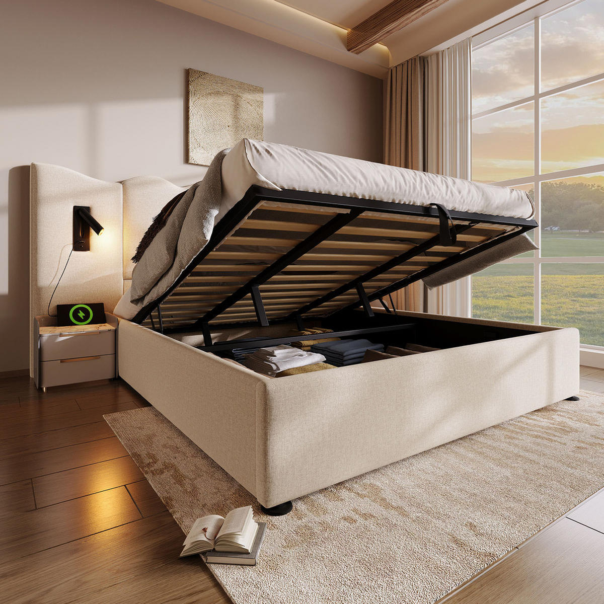 POLSTERBETT 180x200cm Doppelbett mit Leselampe & USB-C Stauraum Beige - Beige, Holz - FLIEKS