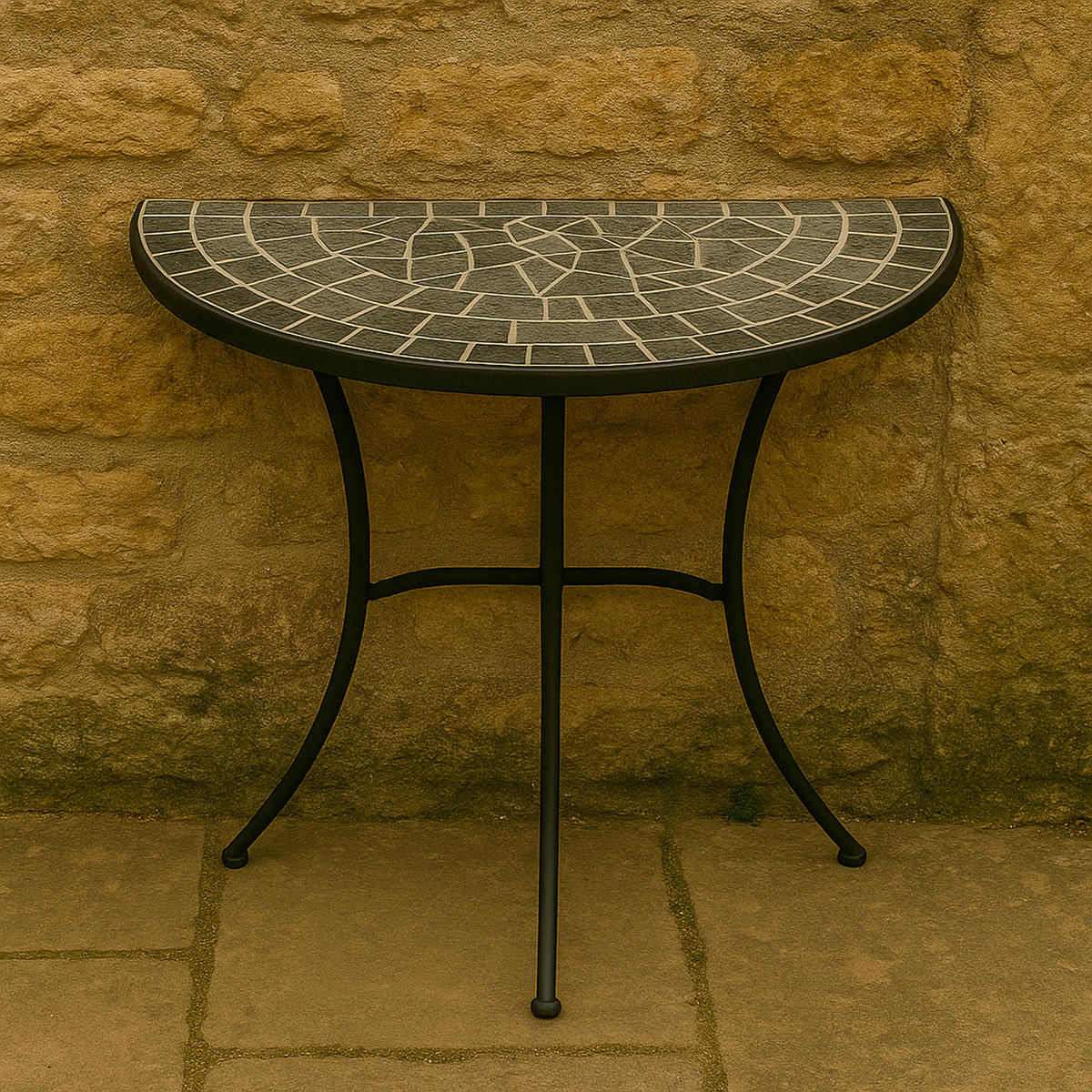 WANDTISCH Derby halbrund mit Mosaik-Tischplatte grau/weiss - Gestell aus schwarz pulverbeschichtetem Eisen - Schwarz, Metall (45/90/75cm) - TPFGarden