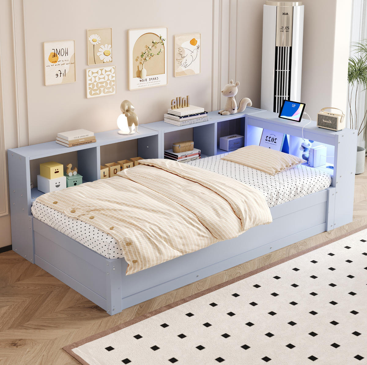 BETT 90/200 cm aus MDF mit LED und Stauraum, Grau - Grau, Holzwerkstoff (90/200cm) - OKMYHOME