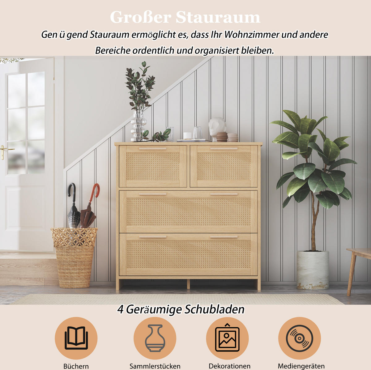 KOMMODE 80/80/38 cm in Natur mit 4 Schubladen und Rattanfronten - Naturfarben, Holzwerkstoff (38/80/80cm) - Flora Grace