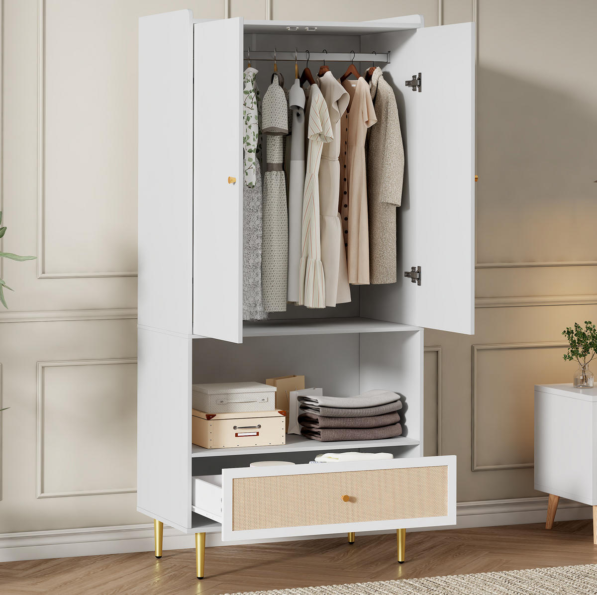 KLEIDERSCHRANK, Spanplatte mit Rattan-Schublade & Kleiderstange, 80/48/175 cm, Weiß/Natur - Weiß, Holzwerkstoff (80/175/48cm) - Redom