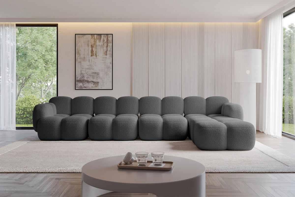 ECKSOFA modulares Sofa Rechts Miko-L3 390x205x75 Grau Bouclé - Chromfarben/Schwarz, Holzwerkstoff/Kunststoff (390/205cm) - ALTDECOR
