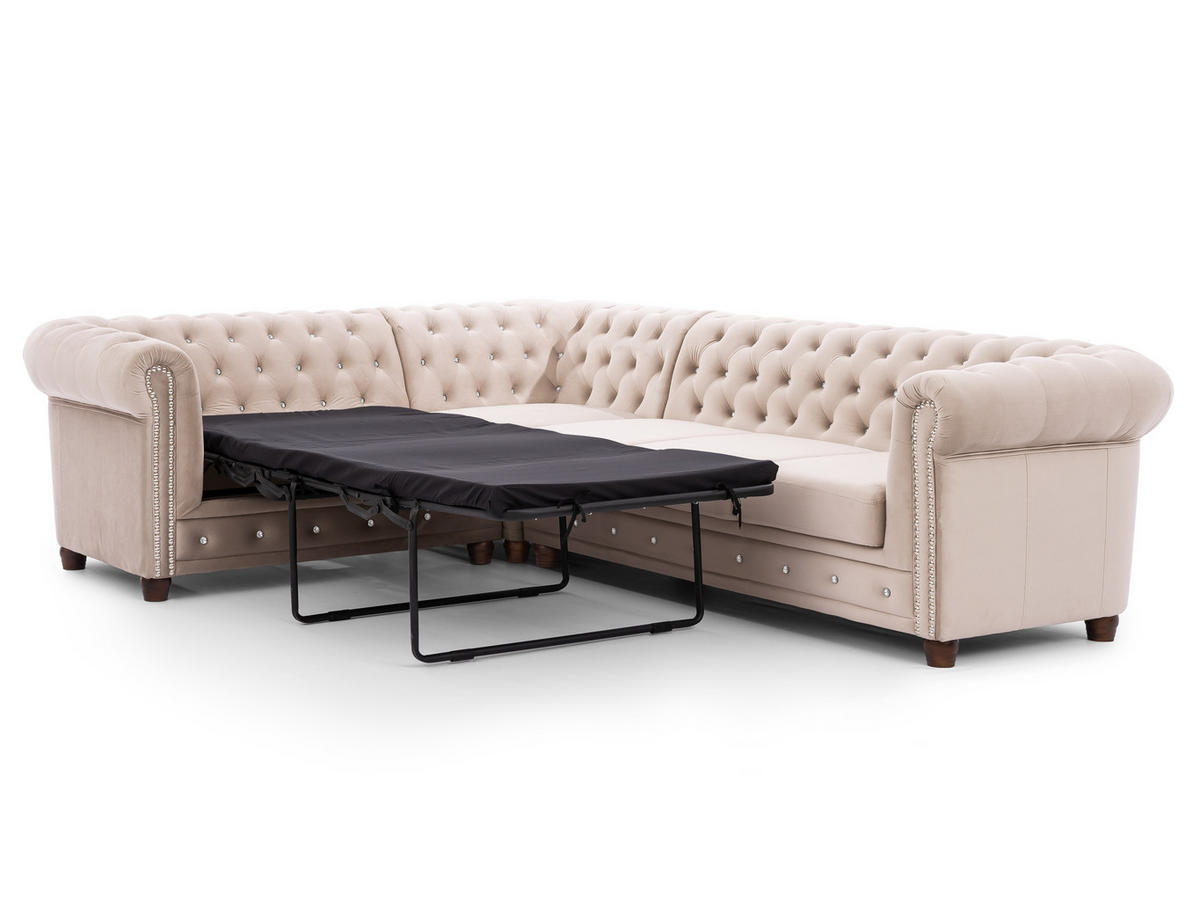 ECKSOFA mit Schlaffunktion Chesterfield Beige Samt mit Kristallsteppung und braunen Massivholzfüßen - Ottomane Links - Beige/Braun, Holz/Textil (264/210cm) - S-Style Möbel