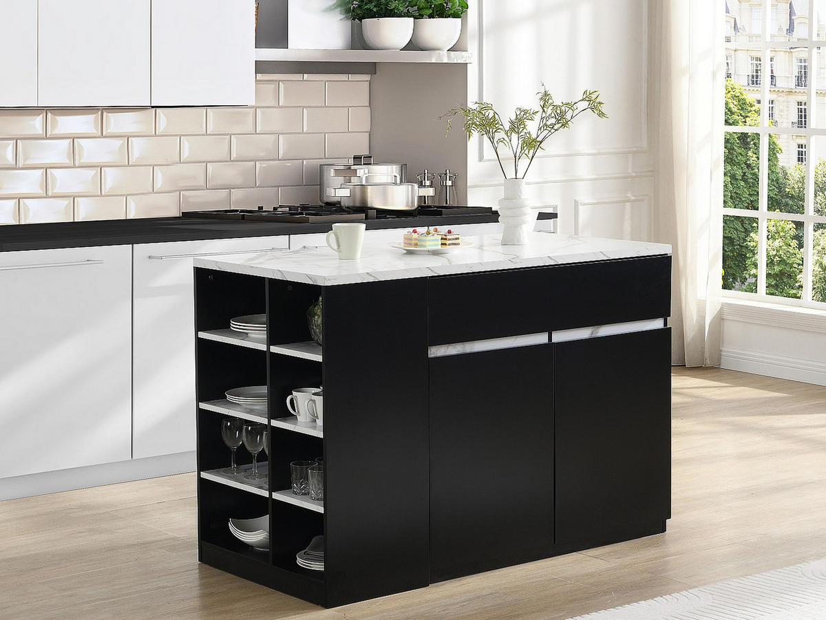 KÜCHENINSEL mit Stauraum - Marmoroptik Weiß & Schwarz - MEILI - Schwarz, Holz (65/90/130cm) - Vente-Unique