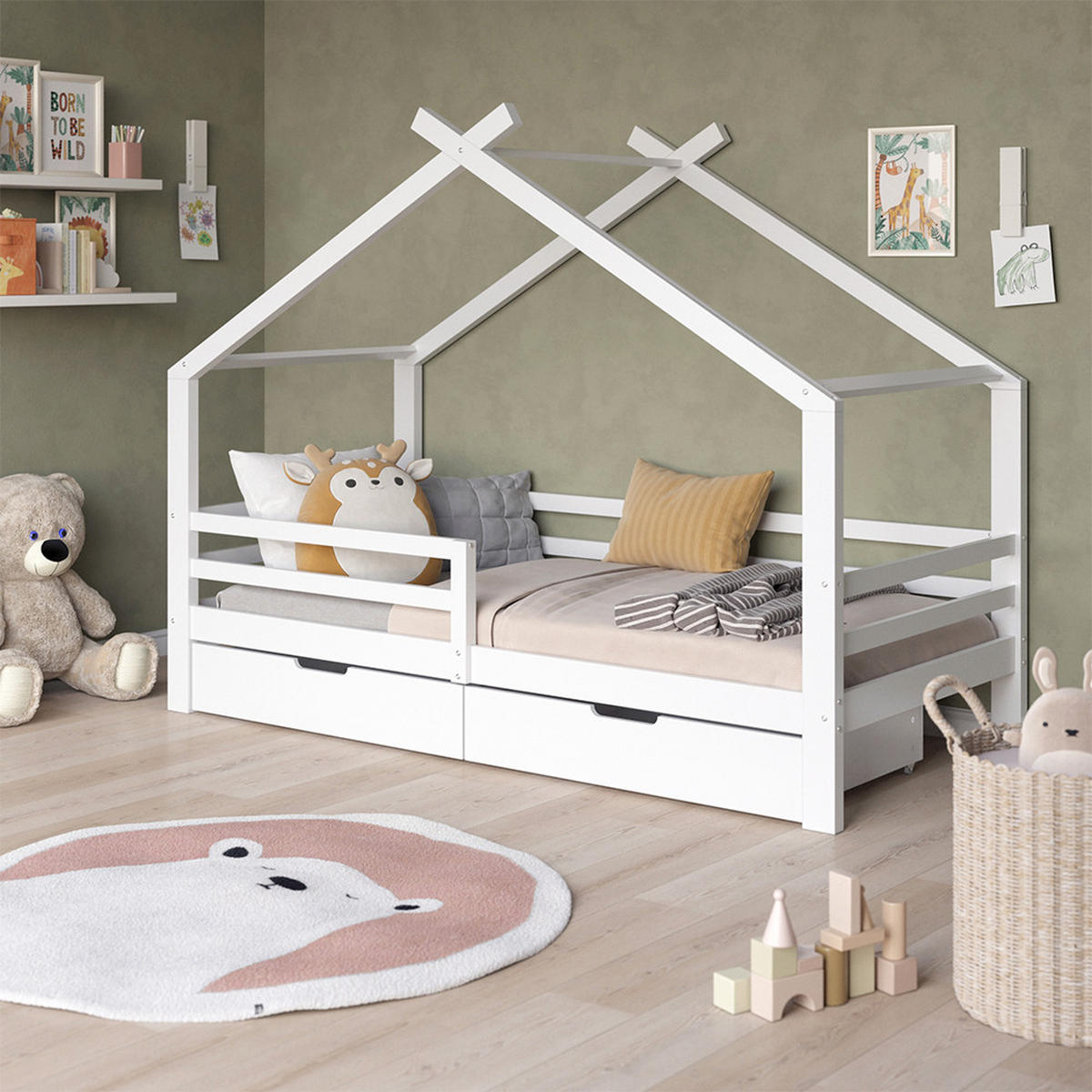 HAUSBETT Luni Weiß 200 x 90 cm mit zwei ausziehbaren Aufbewahrungskästen - Weiß, Holz - VitaliSpa