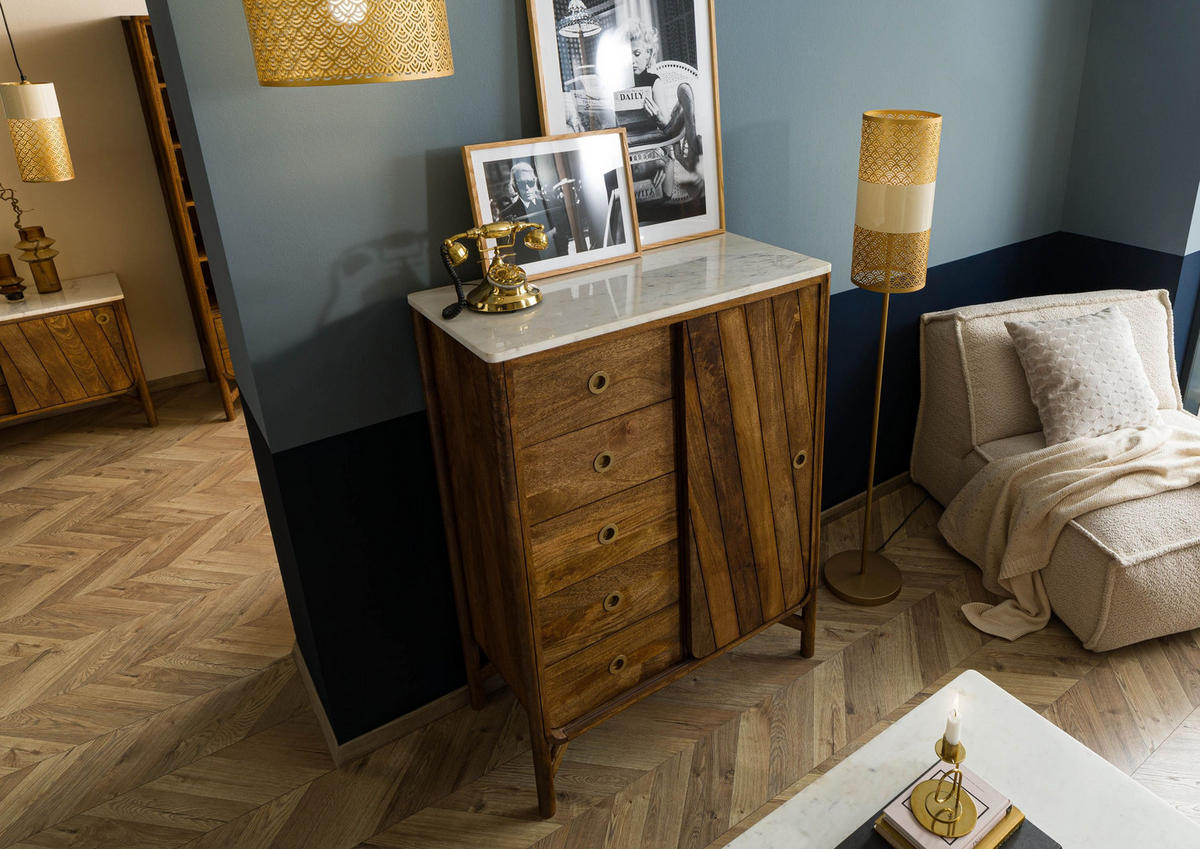 KOMMODE Mango 90x45x120 braun geölt / echter Marmor LOS ANGELES #10 - Braun, Holz (90/120/45cm) - Massivmoebel24