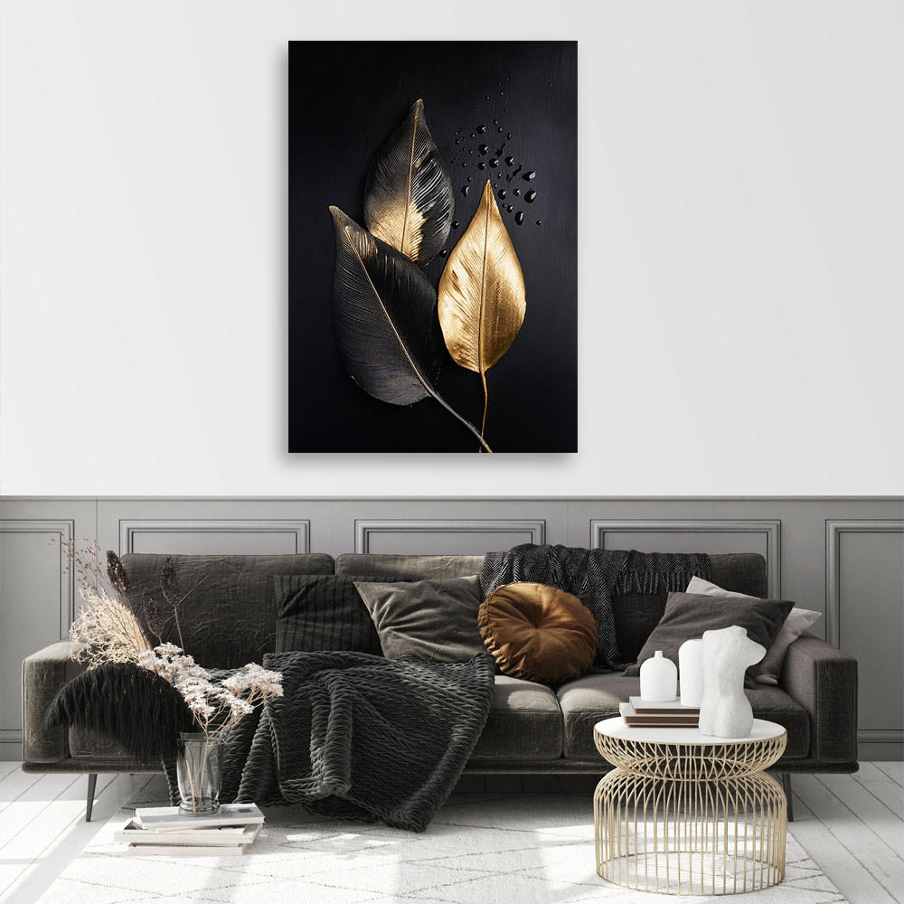 WANDBILD goldene blätter auf schwarzem hintergrund - Goldfarben, Textil (70/100cm) - Feeby