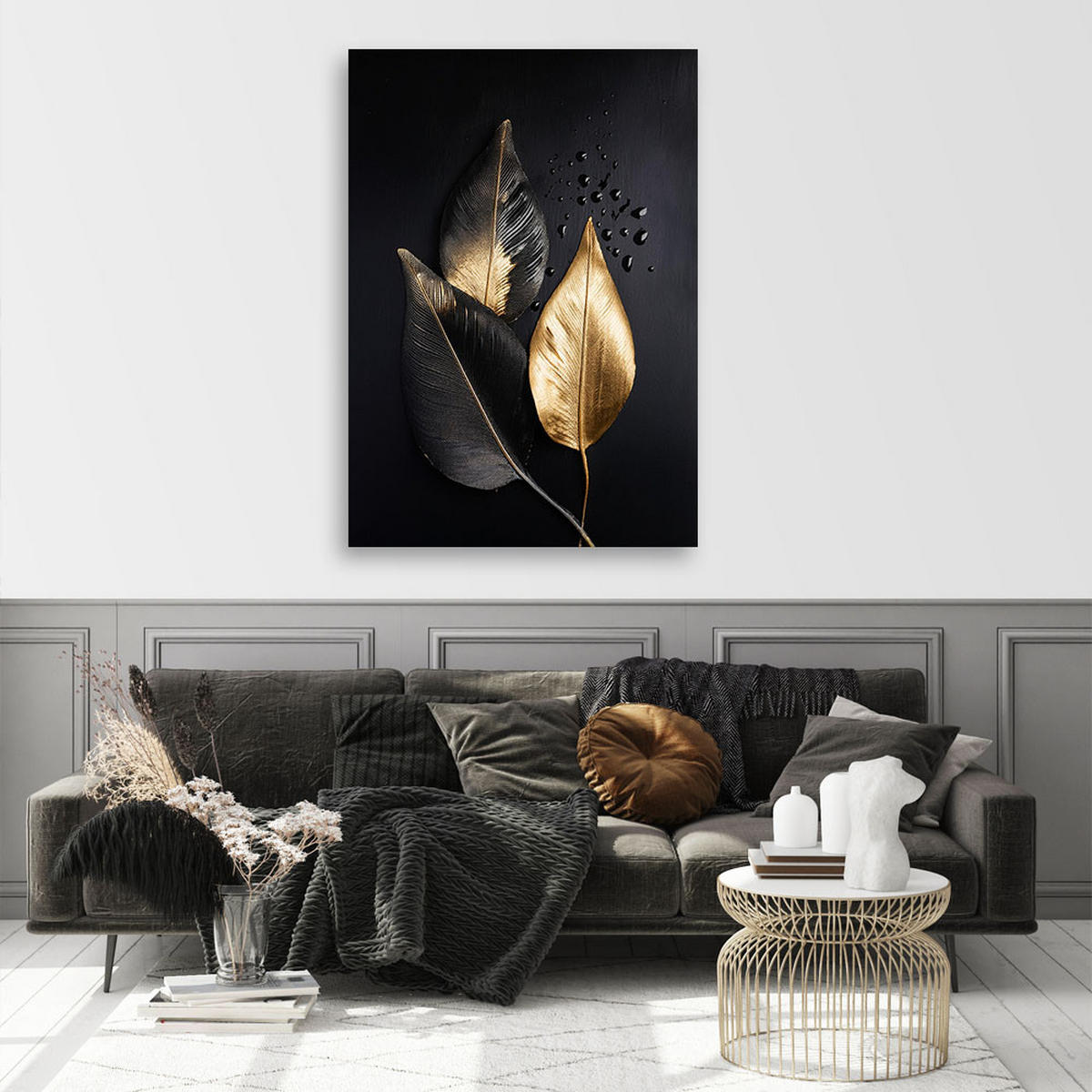 WANDBILD goldene blätter auf schwarzem hintergrund - Goldfarben, Textil (70/100cm) - Feeby