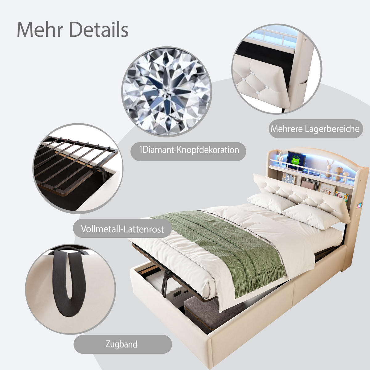 KINDERBETT 90x200 cm Samt LED USB beige - Beige, Textil (90/200cm) - LEBENLANG