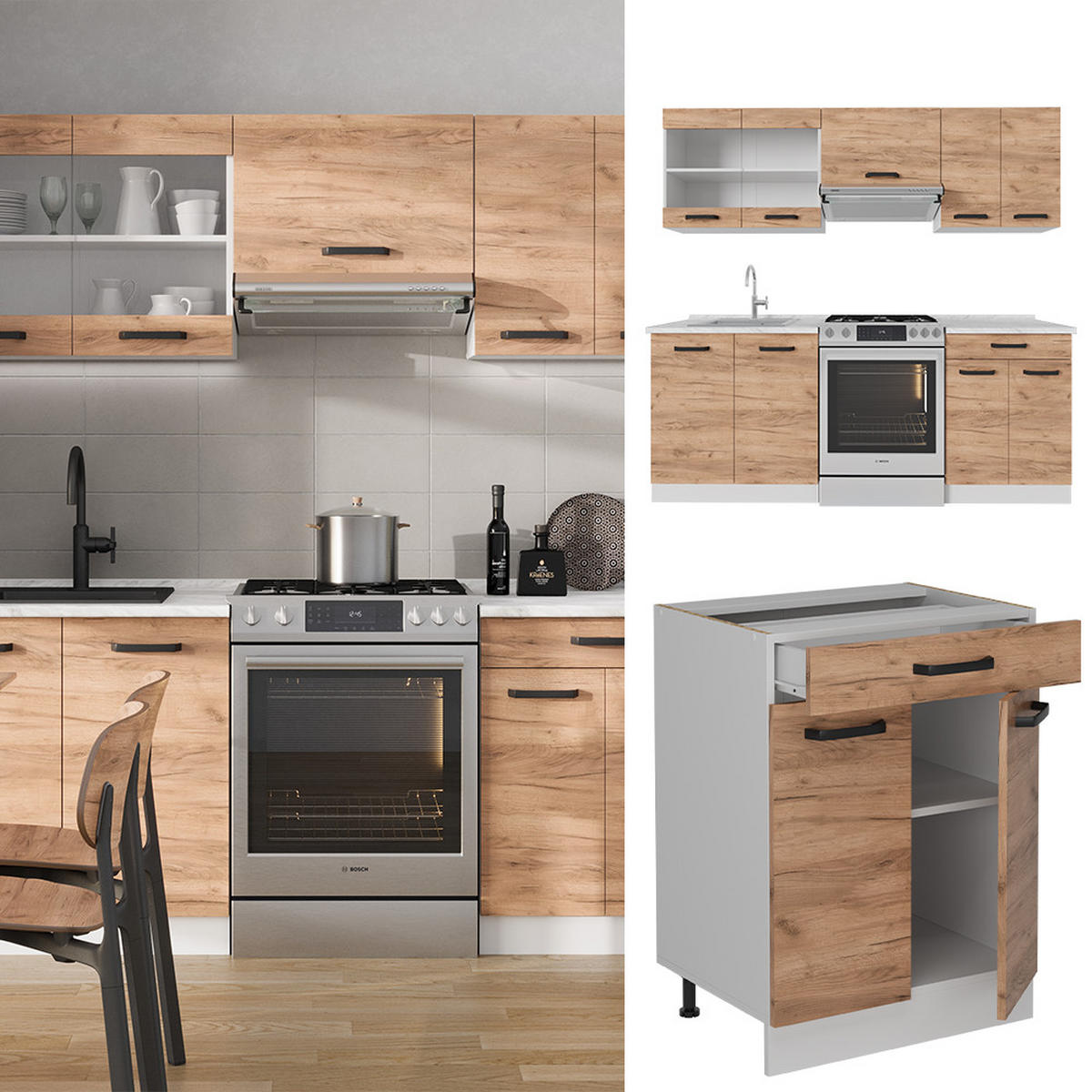 KÜCHENZEILE R-Line Goldkraft Eiche/Weiß 200 cm AP Eiche - Eiche Wotan/Weiß, Holzwerkstoff (200/81.6/60cm) - Vicco