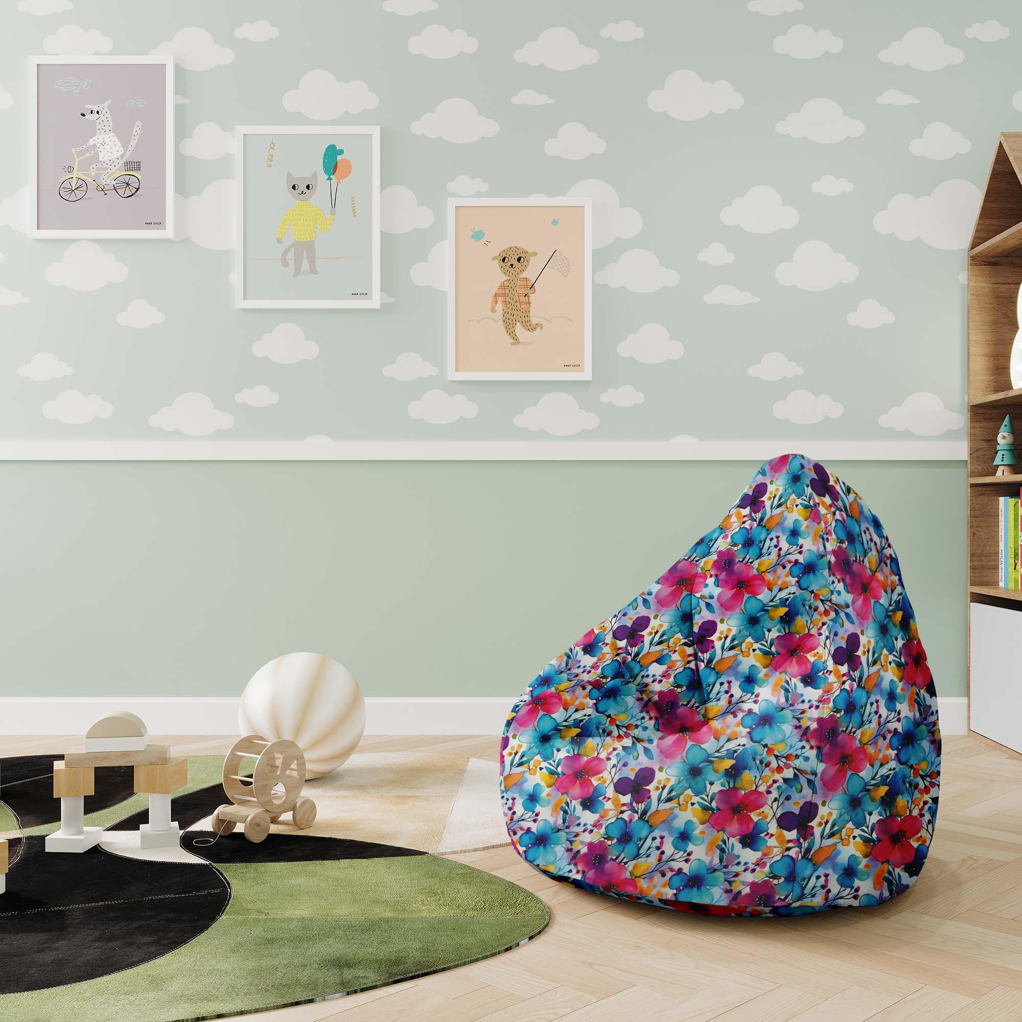SITZSACK MIT FUßSTÜTZE Velvet 2-tlg Yellow and Blue Flowers S - Blau, Textil (70/105/70cm) - Dreamroots