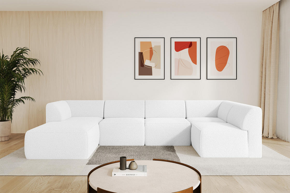WOHNLANDSCHAFT Ottomane Links MOVO-L 345x180x78 cm Weiß Bouclé - Weiß, Holzwerkstoff/Kunststoff (345/78/180cm) - ALTDECOR
