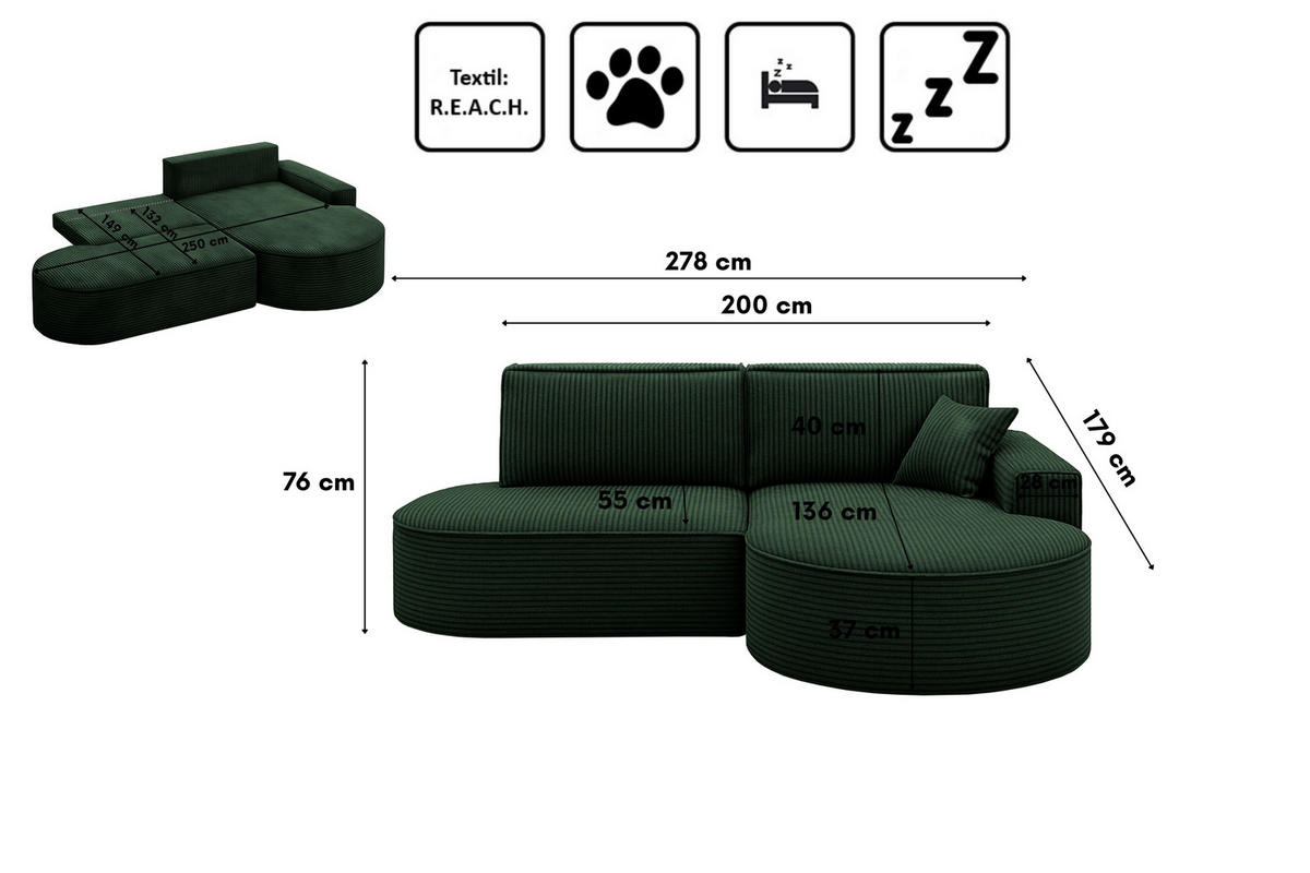 ECKSOFA Modena Pro - Komfort Und Stil Stoff Poso Grün Rechts - Grün, Holz (278/179cm) - Kaiser Möbel