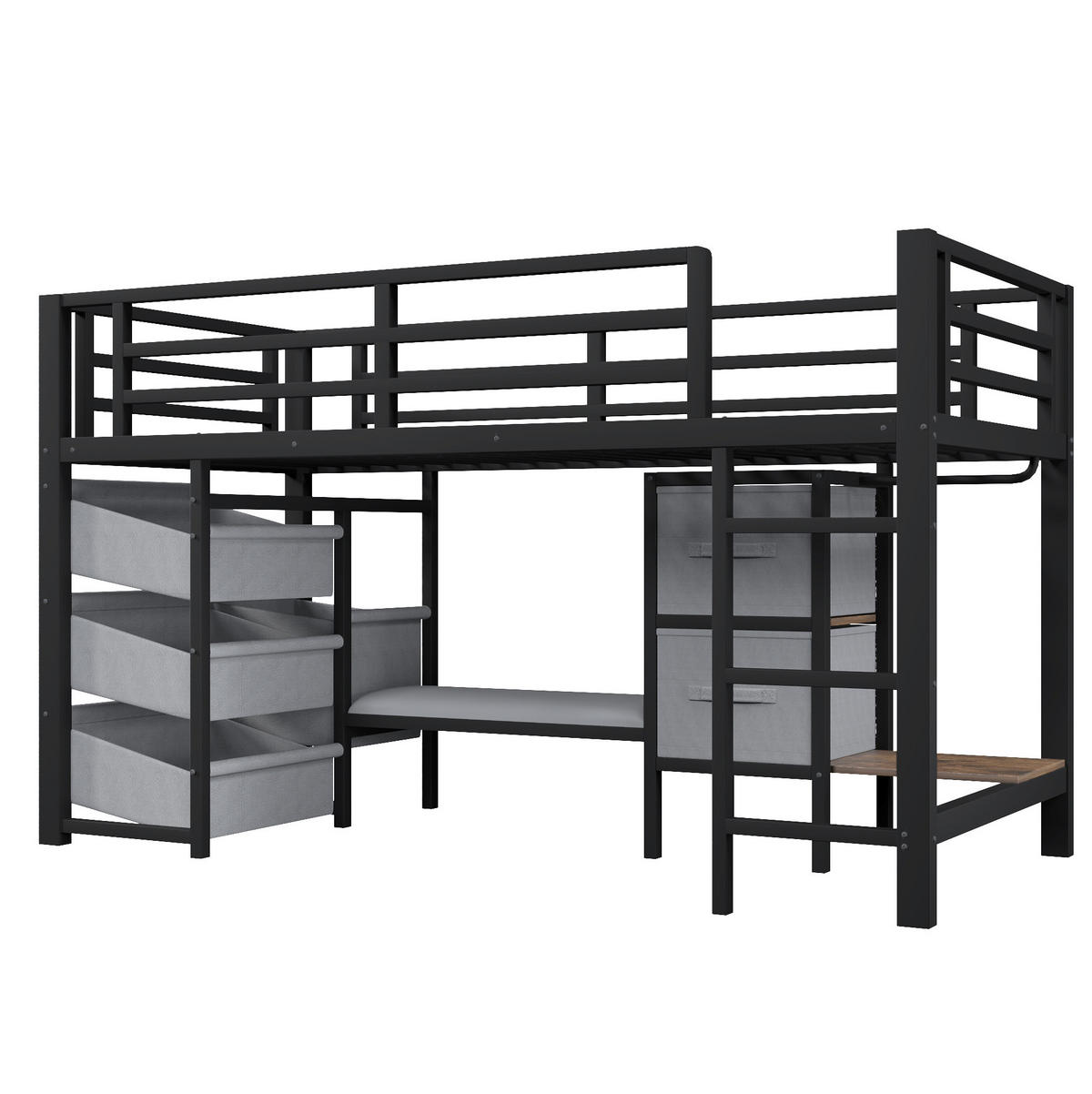 HALBHOHES Bett aus Metall 90x200 cm Schwarz mit LED-Beleuchtung, Sitzkissen und Stauraum - Schwarz, Metall (90/200cm) - IVMEU