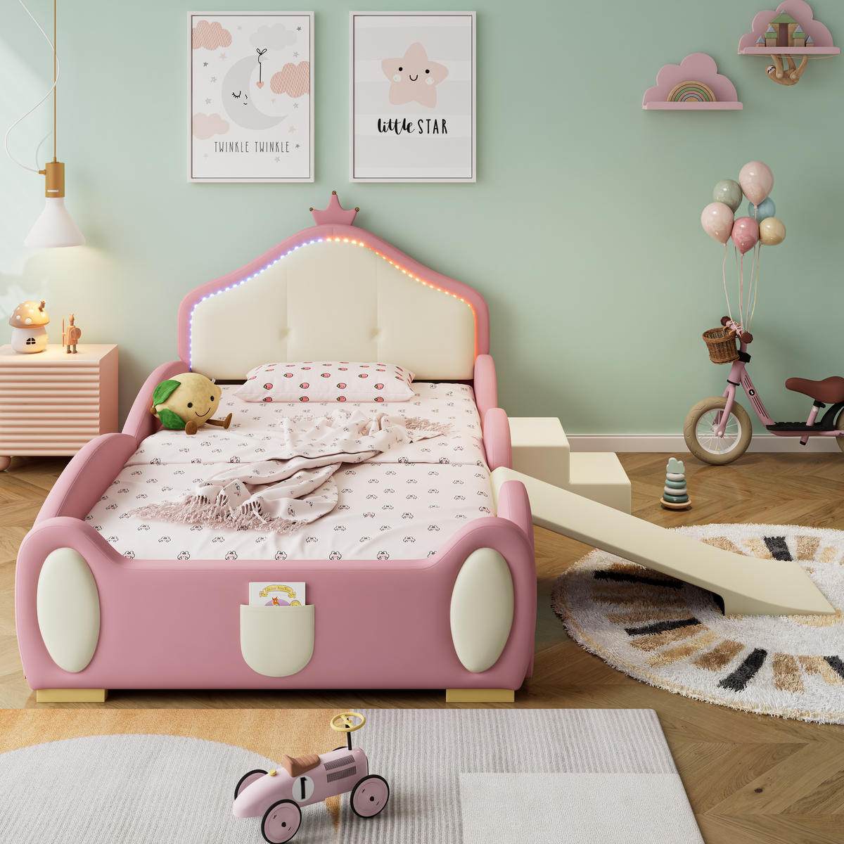 KINDERBETT 90/200 cm Crown Cartoon Rosa mit Rutsche und LED-Beleuchtung aus PU - Rosa, Kunststoff (90/200cm) - OKWISH