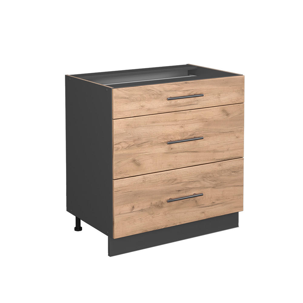KÜCHENUNTERSCHRANK Fame-Line Goldkraft Eiche 80 cm mit 3 Schubladen ohne AP - Anthrazit/Eiche Wotan, Holzwerkstoff (80/82/51.6cm) - Vicco