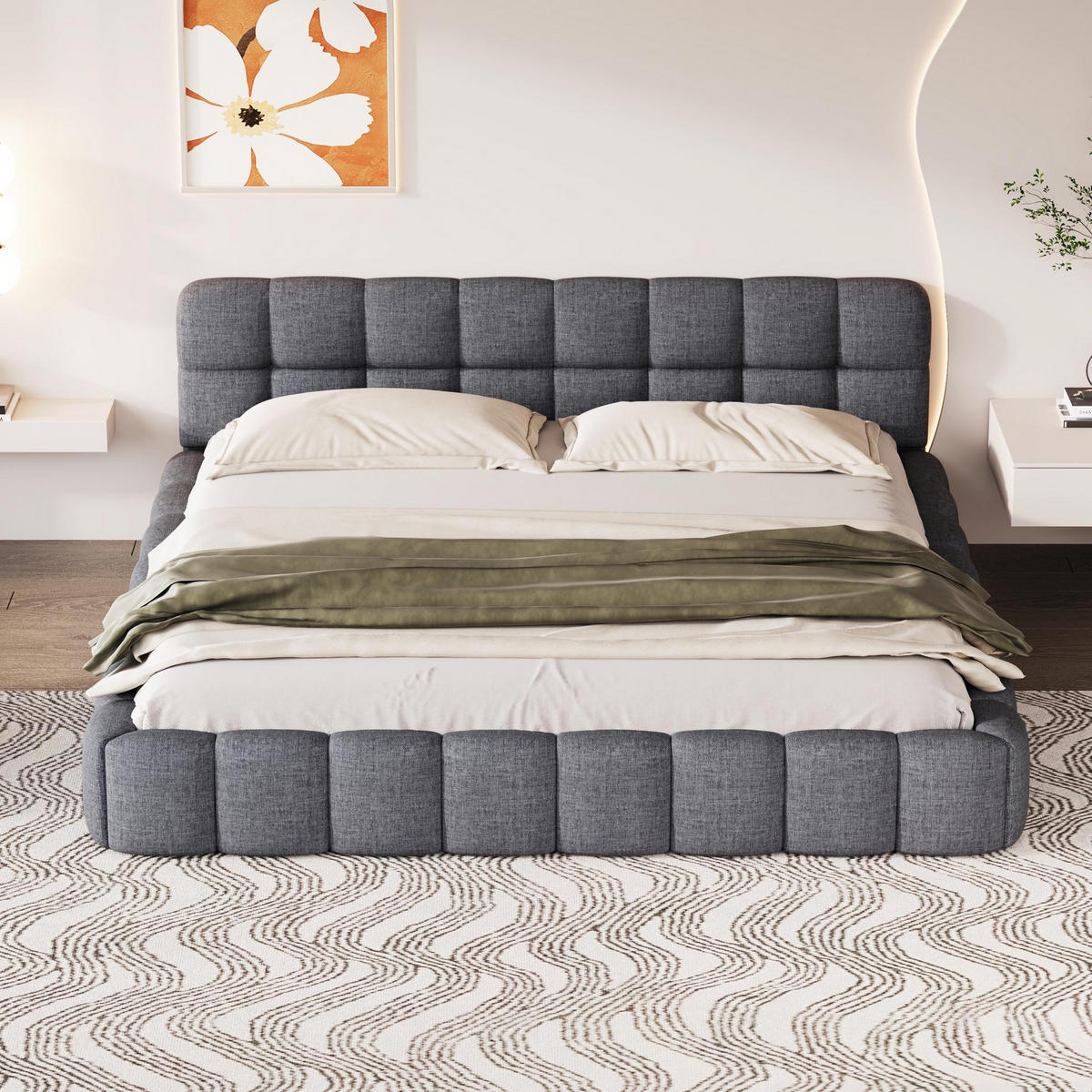 POLSTERBETT 140/190cm, mit Kopfteil in Form von Marshmallows, lattenrost, Doppelbett aus Leinen - Grau - Grau, Textil (140/190cm) - Waldena
