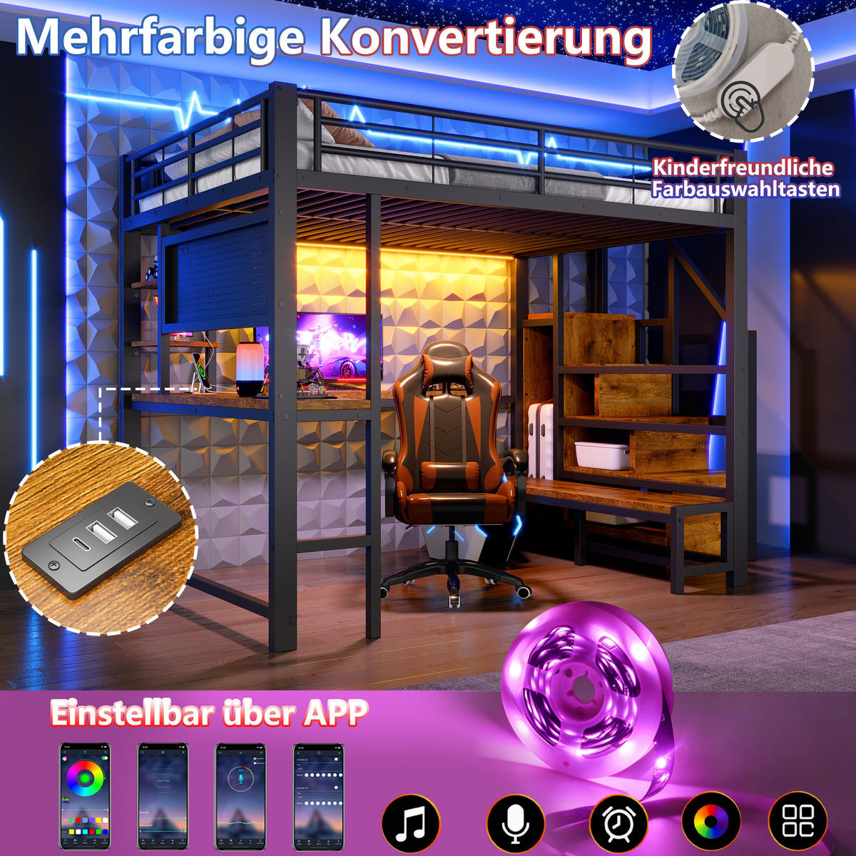 HOCHBETT 140/200 cm Schwarz mit Schreibtisch, trapezförmiger Schrank und LED-Beleuchtung - Schwarz, Metall (140/200cm) - Oxeza