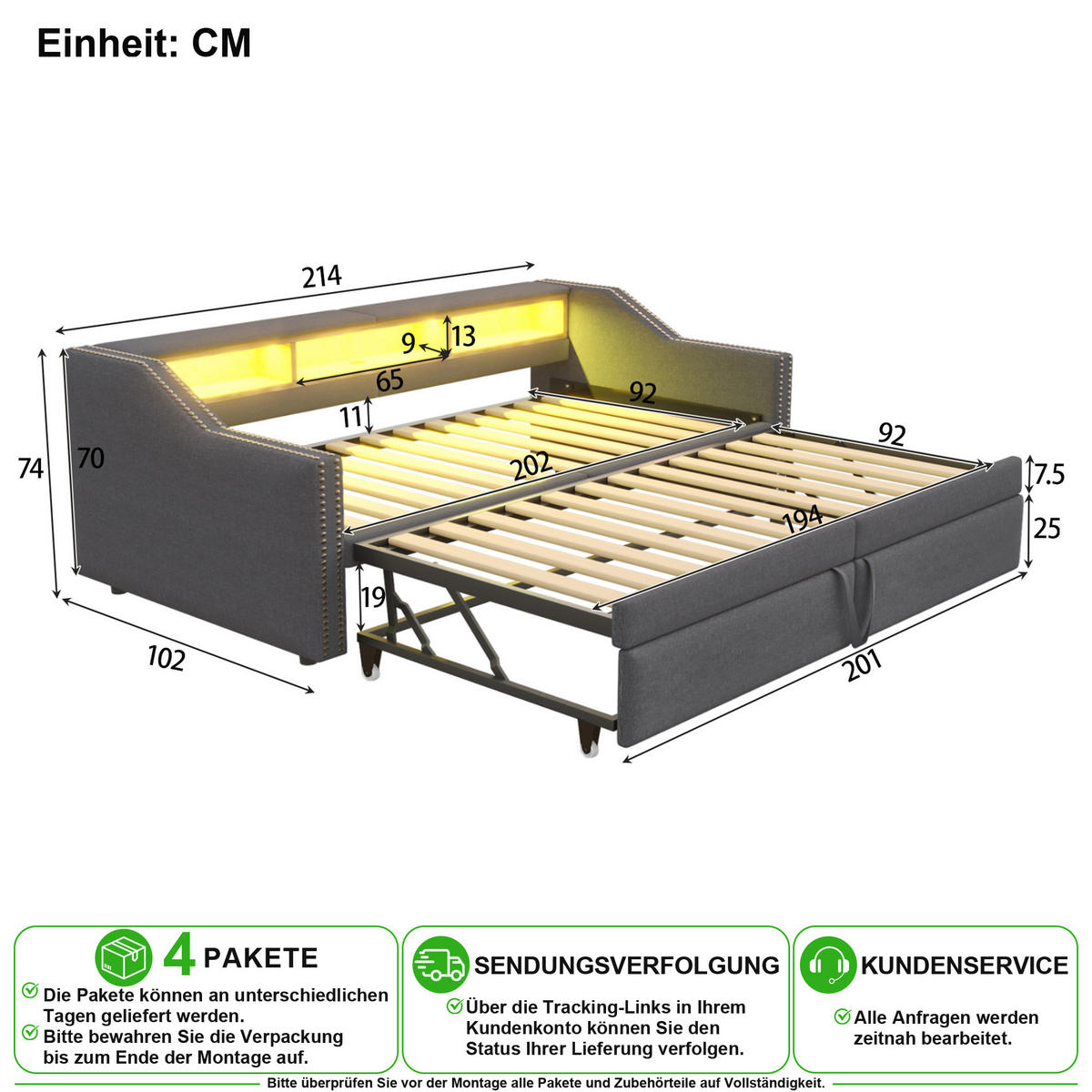 SCHLAFSOFA 90/200 cm & 180/200 cm in Dunkelgrau mit Ausziehbett, LED und USB Leinen - Dunkelgrau, Holzwerkstoff/Textil (90/200cm) - CHICFURN