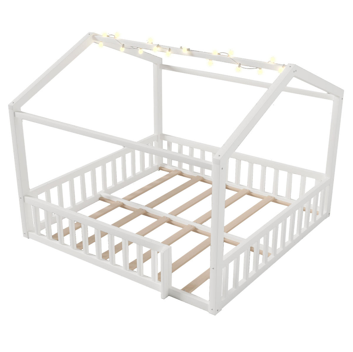 KINDERBETT aus Kiefernholz 90x190/180x190 cm Weiß mit Schutzgitter, Hausrahmen und LED-Beleuchtung - Weiß, Holzwerkstoff (90/190cm) - IVMEU