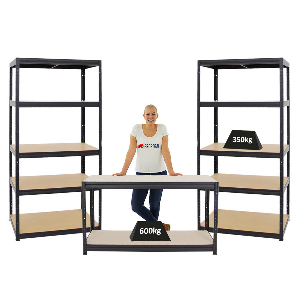 WERKBANK Big Dino höhenverstellbar & 2x SCHWERLASTREGAL Slim Elephant M Set Fachlast bis zu 600 kg Schwarz - Schwarz, Metall (270/180/60cm) - PROREGAL