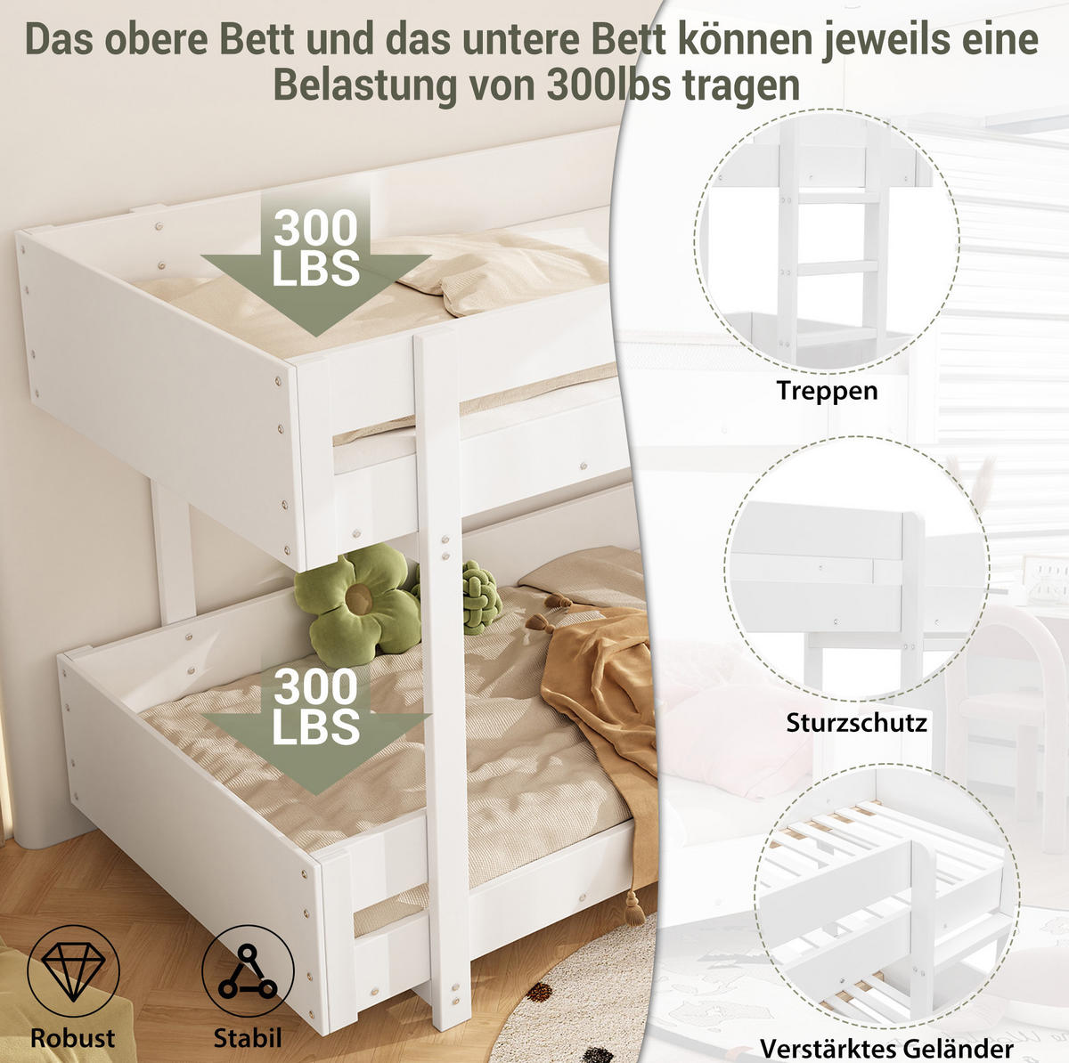 ETAGENBETT 90/200 cm Weiß mit Leiter inklusive Lattenrost aus Massivholz - Weiß, Holzwerkstoff (90/200cm) - OKWISH