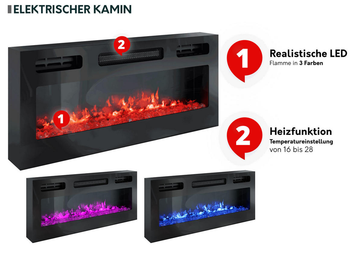 TV-LOWBOARD EF 2D Glossa mit Kamin - Schwarz, Holzwerkstoff/Kunststoff (190/59/41cm) - MIRJAN24