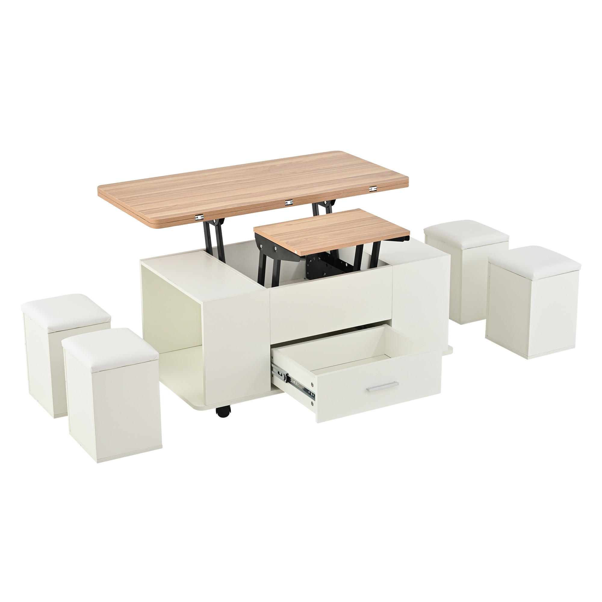 COUCHTISCH DE-37097 4-in-1 multifunktional mit 4 Hockern Weiß/Natur - Weiß, Holzwerkstoff (100/50/45cm) - ComfortXL