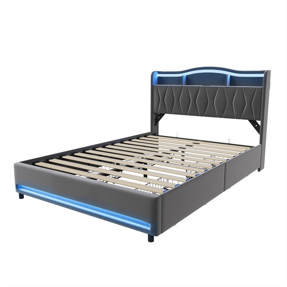 POLSTERBETT 160x200cm - Doppelbett mit 4 Schubladen - RGB-LED-Beleuchtung - Stauraum-Kopfteil - ohne Matratze - Grau - Grau, Textil (160/200cm) - DELFA