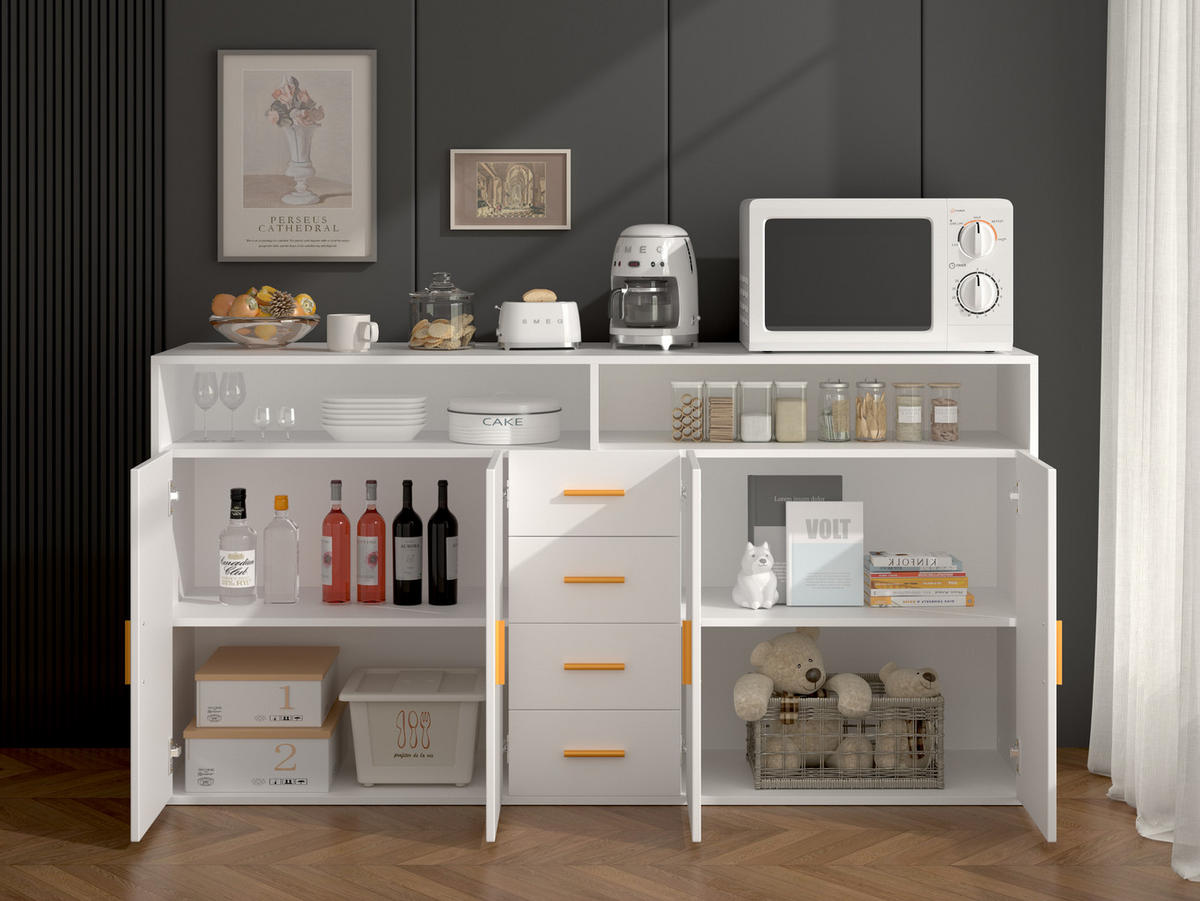 HOMAVO Sideboard mit 4 Schubladen – Anrichte – Kommode – Maße: 160 x 81 x 40 cm (L x H x P) - Weiß, Holzwerkstoff/Metall (160/81/40cm) - HOMAVO