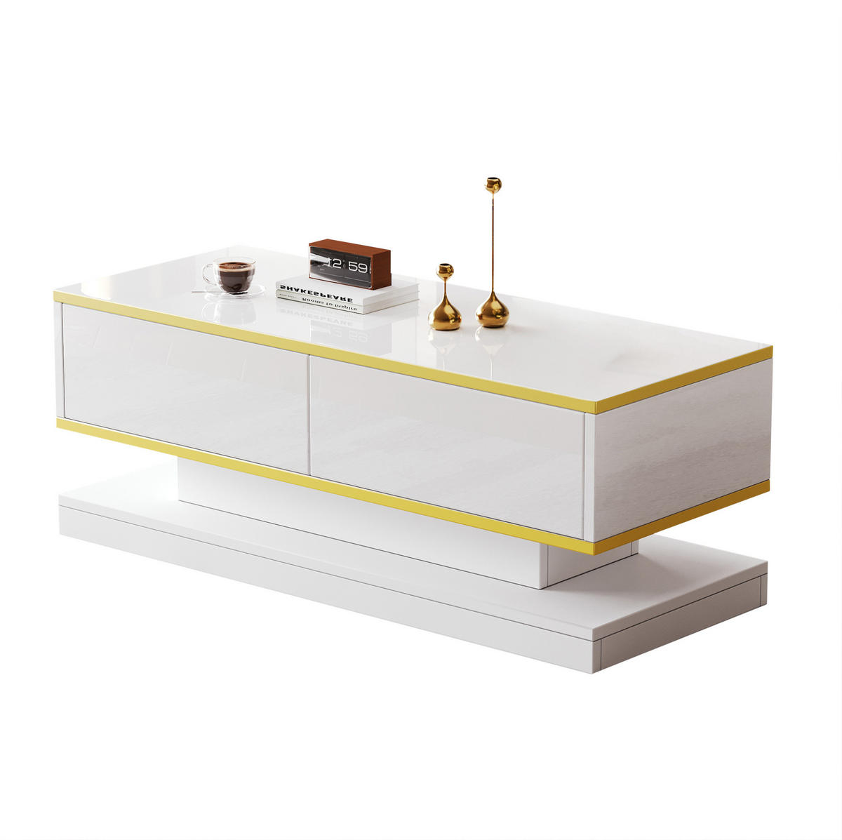KLUBSKI stolić 100/50/38 cm toplo bijeli od iverala s 2 ladice i visokim sjajem - bijela, drvni materijal (100/50/38cm) - OKWISH