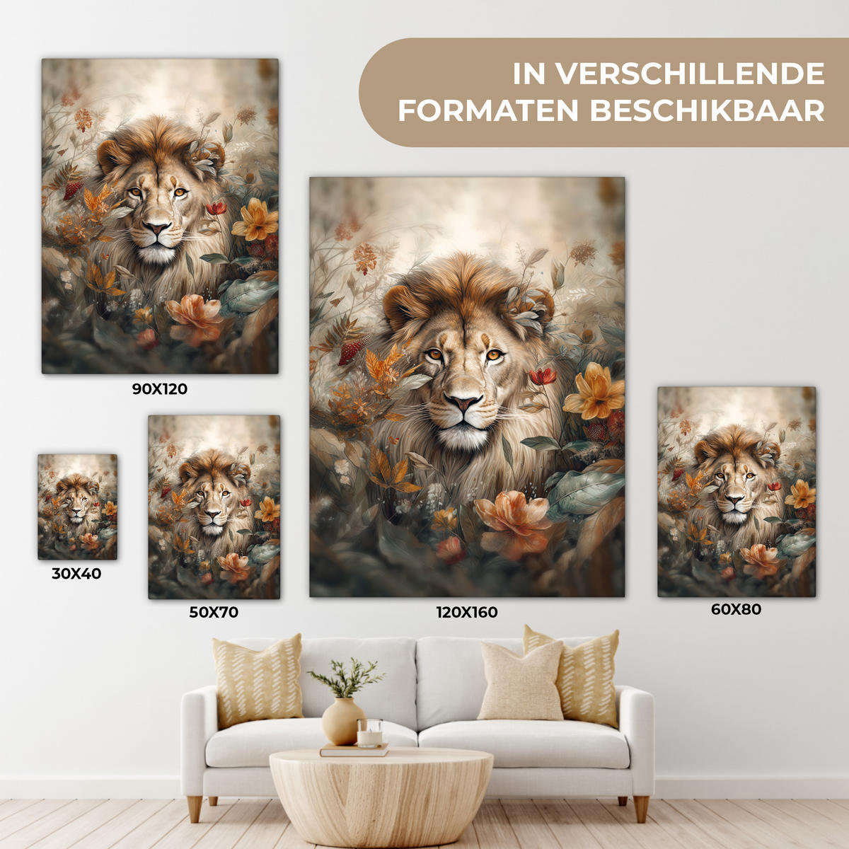LEINWANDBILD Löwe - Wildtiere - Pflanzen - Natur - Blumen Room Decor 30x40 cm - Beige, Textil (30/40cm) - MuchoWow