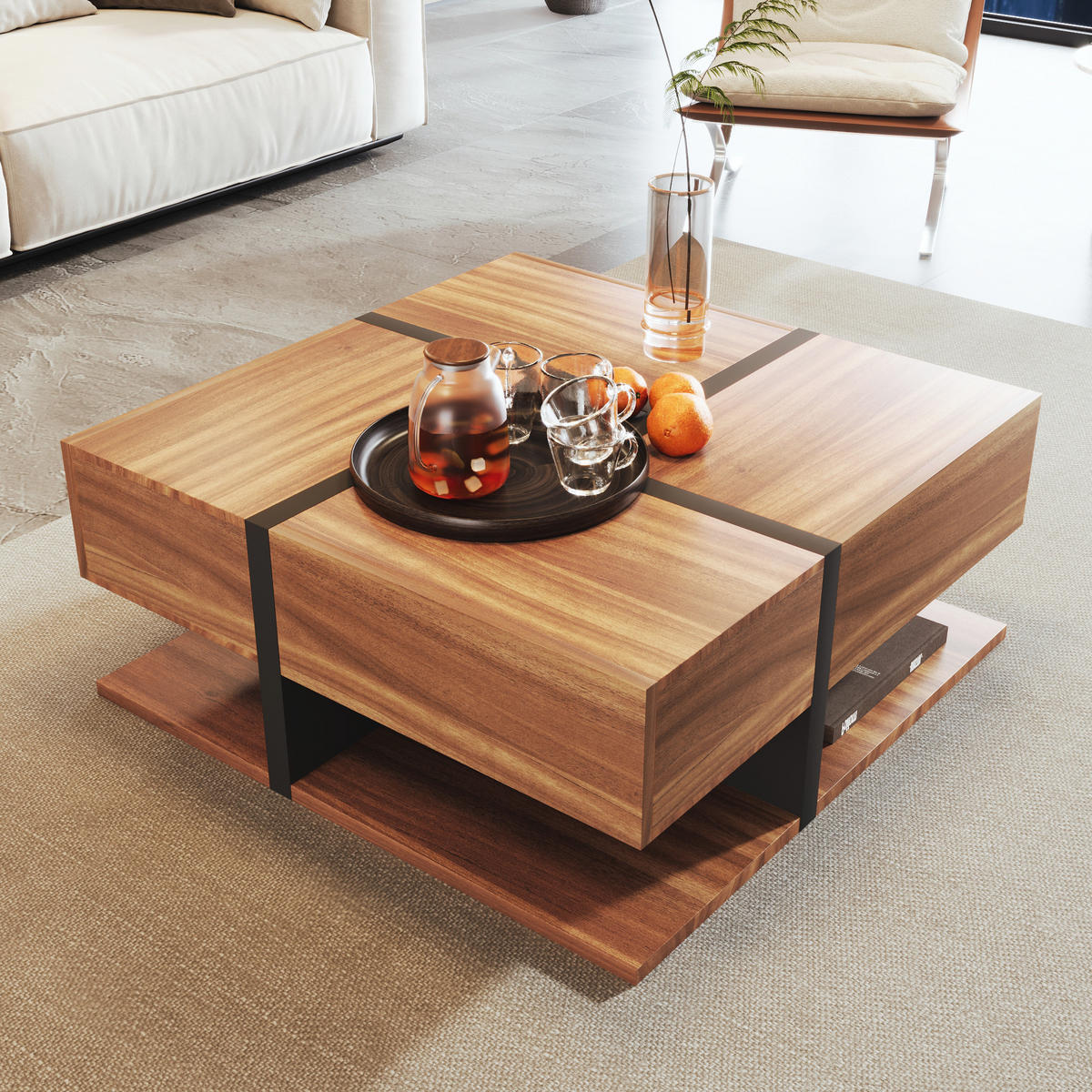COUCHTISCH Schwarz/Holzfarben 78/78/36 cm mit 4 Schubladen - Naturfarben, Holzwerkstoff (78/78/36cm) - PANGIVO