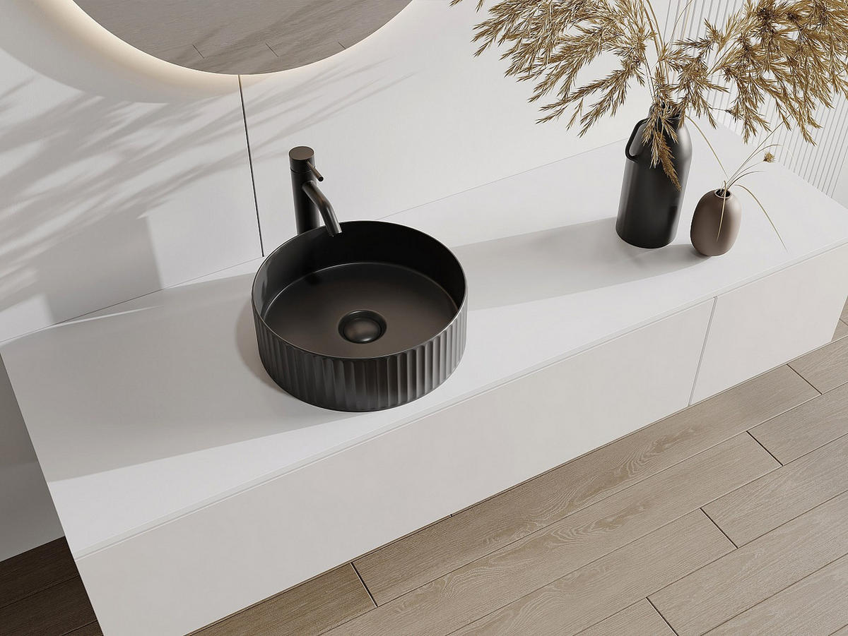 AUFSATZWASCHBECKEN rund - Schwarz matt - Keramik - geriffelt - 36 cm - PEDARA - Schwarz, Keramik (36/12/36cm) - Vente-Unique