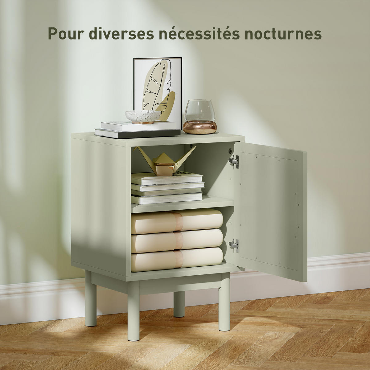 NACHTSCHRANK 2er-Set DE-12925 geflochtene Tür und verstellbares Regal Hellgrün - Grün, Holzwerkstoff (35/58/40cm) - ComfortXL