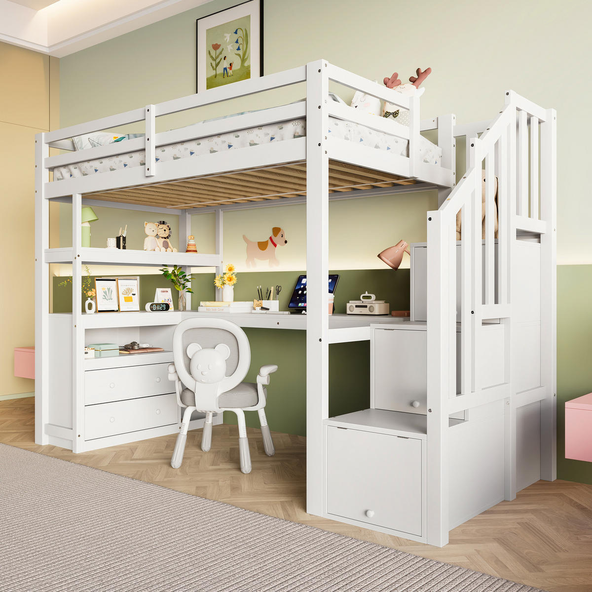 HOCHBETT aus Kiefer und MDF 90x200 cm Weiß mit Schreibtisch, Stauraumleiter, 2 Schubladen und Regalfächern - Weiß, Holzwerkstoff (90/200cm) - Modfu