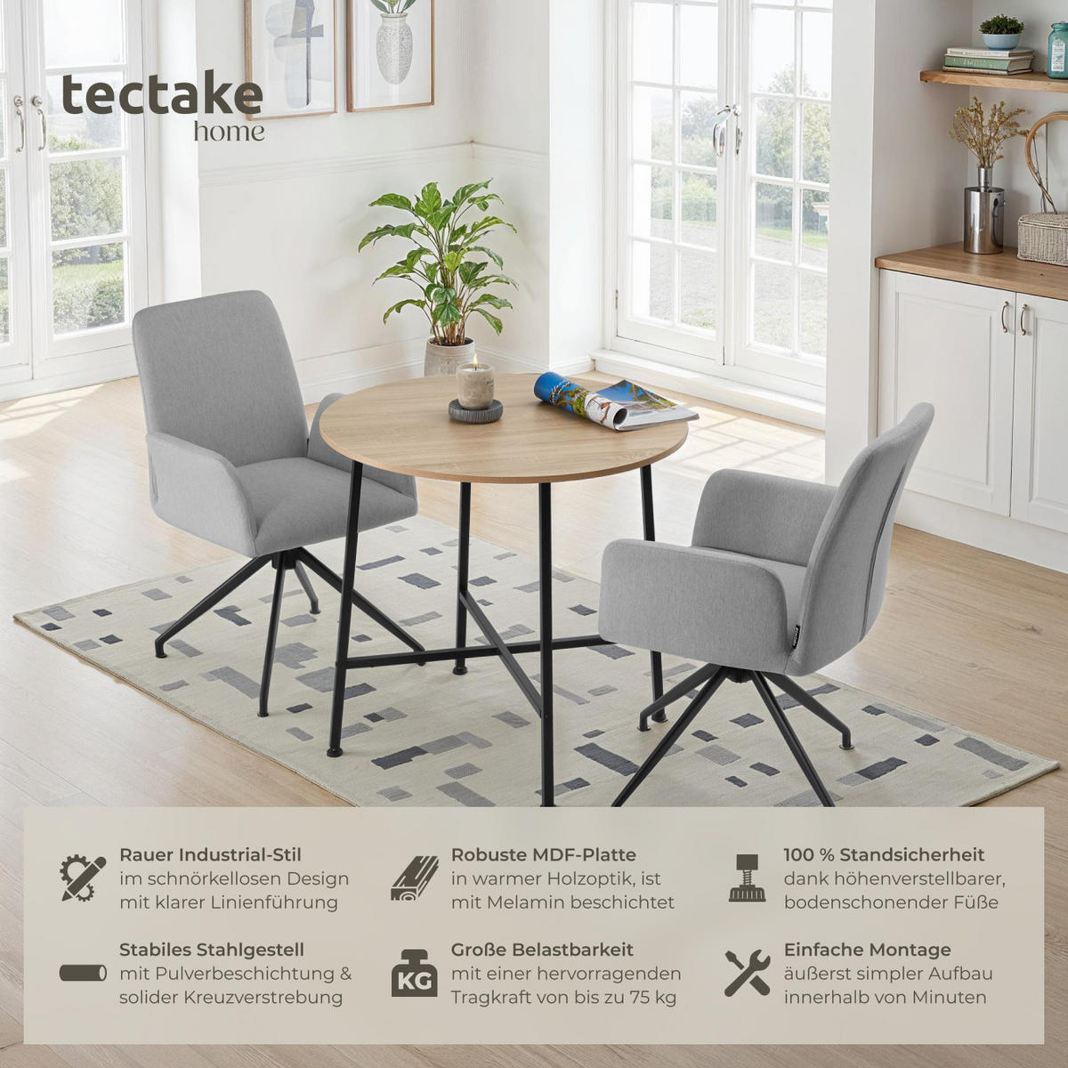 ESSTISCH Ennis,80 x 76 cm,Industrial Holz hell, Eiche Sonoma - Naturfarben, Holz (80/80/76cm) - tectake