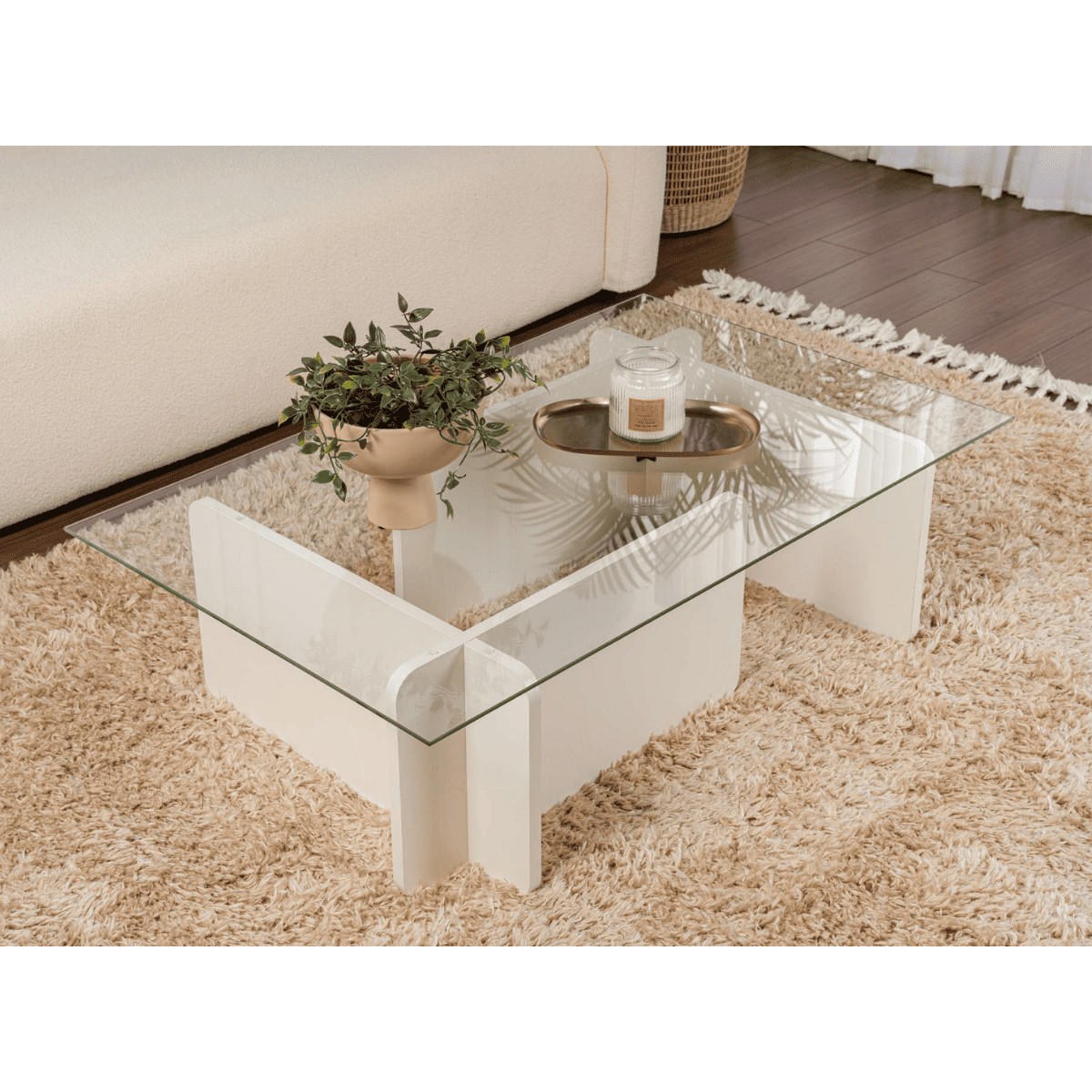 COUCHTISCH mit Tischplatte aus gehärtetem Glas 105/65/30 cm - Eiche Bianco, Holzwerkstoff (110/65/30cm) - Calicosy