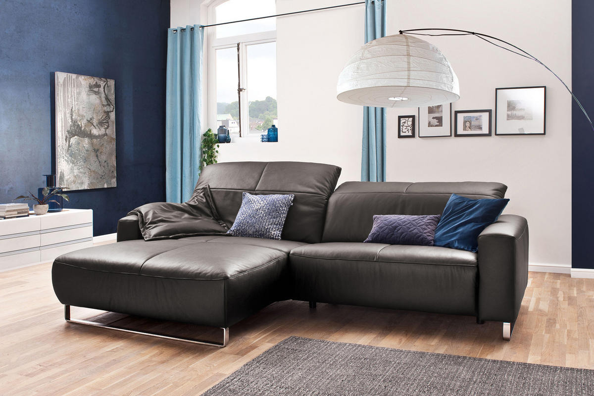 ECKSOFA MIT SITZTIEFENVERSTELLUNG YORK Anthrazit Leder - Anthrazit/Silberfarben, Leder (284/180cm) - KAWOLA