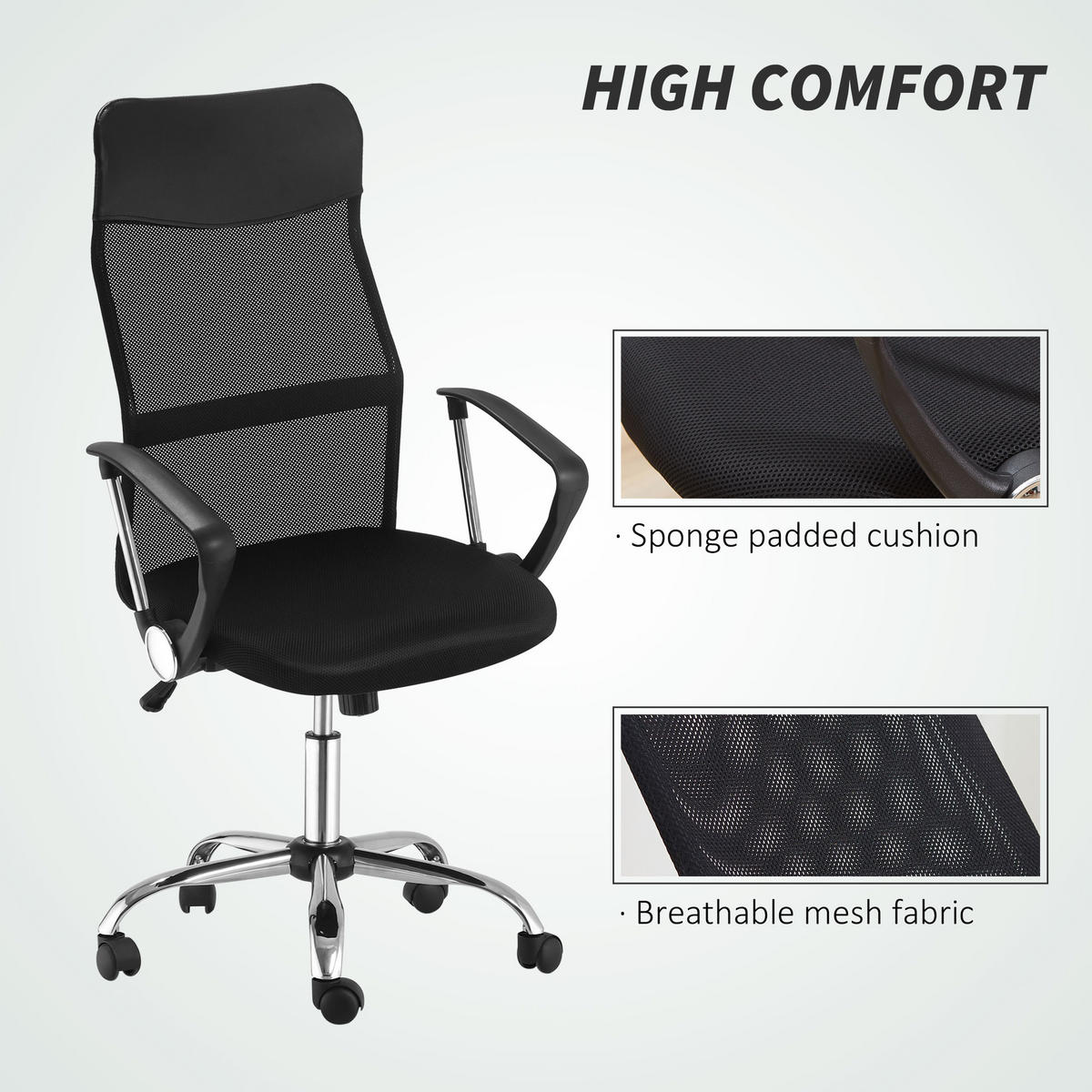 ERGONOMISCHER, Bürostuhl, Netz, Schwarz - Schwarz, Kunststoff (65/119/63cm) - HOMCOM