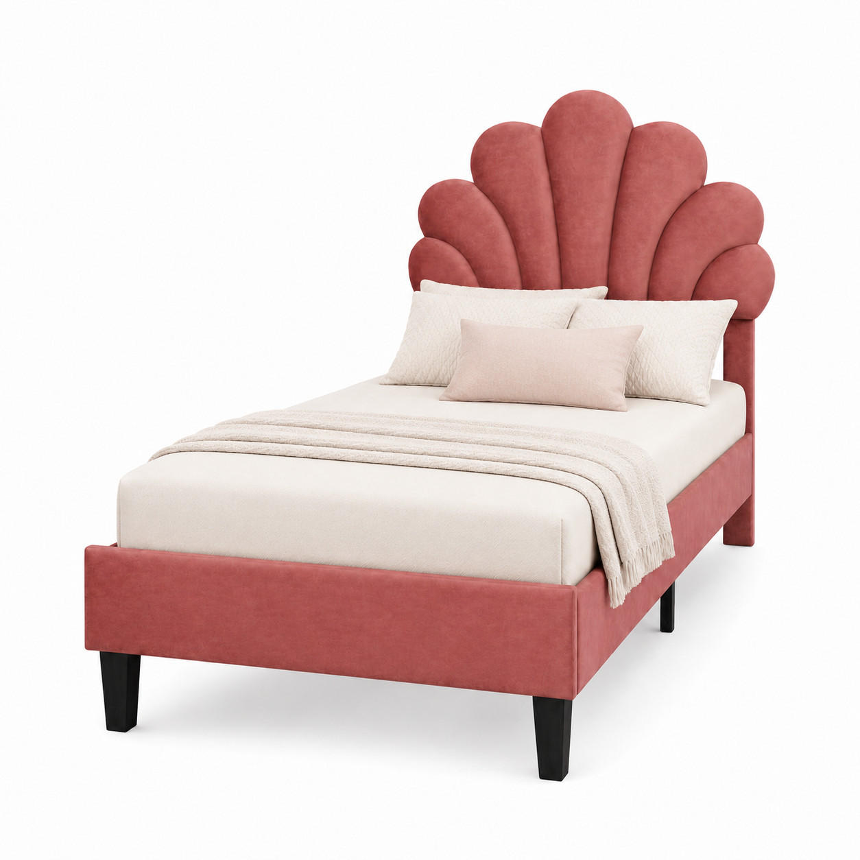 KINDERBETT 90/200 Samt Polsterbett Muschel Kopfteil Jugendbett Rosa - Hellrot, Metall (90/200cm) - Joyfair