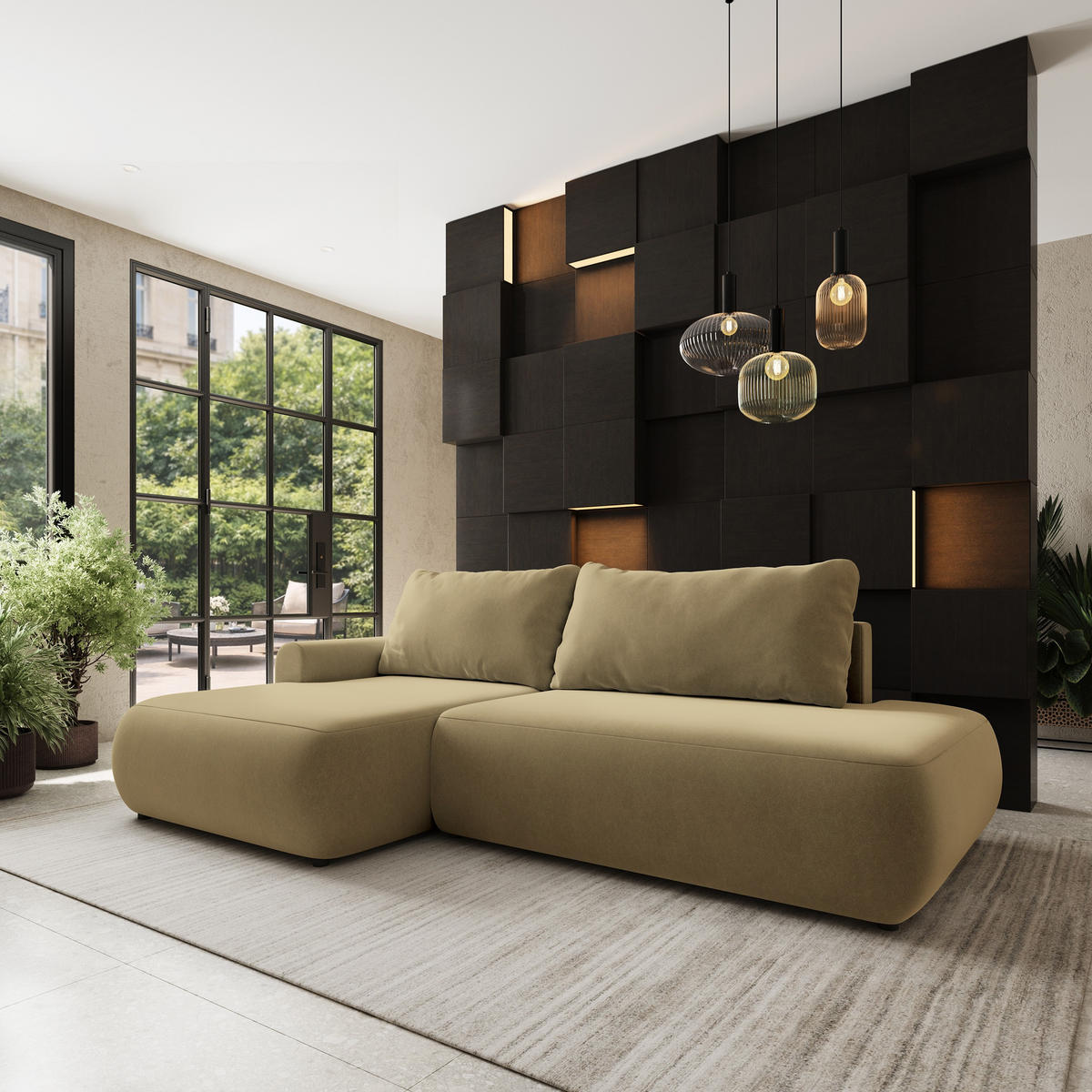 ECKSOFA NUVIRA CL L-S Senfgelb Samtstoff mit Schlaffunktion - Currygelb, Holzwerkstoff/Textil (279/158cm) - MASSENO