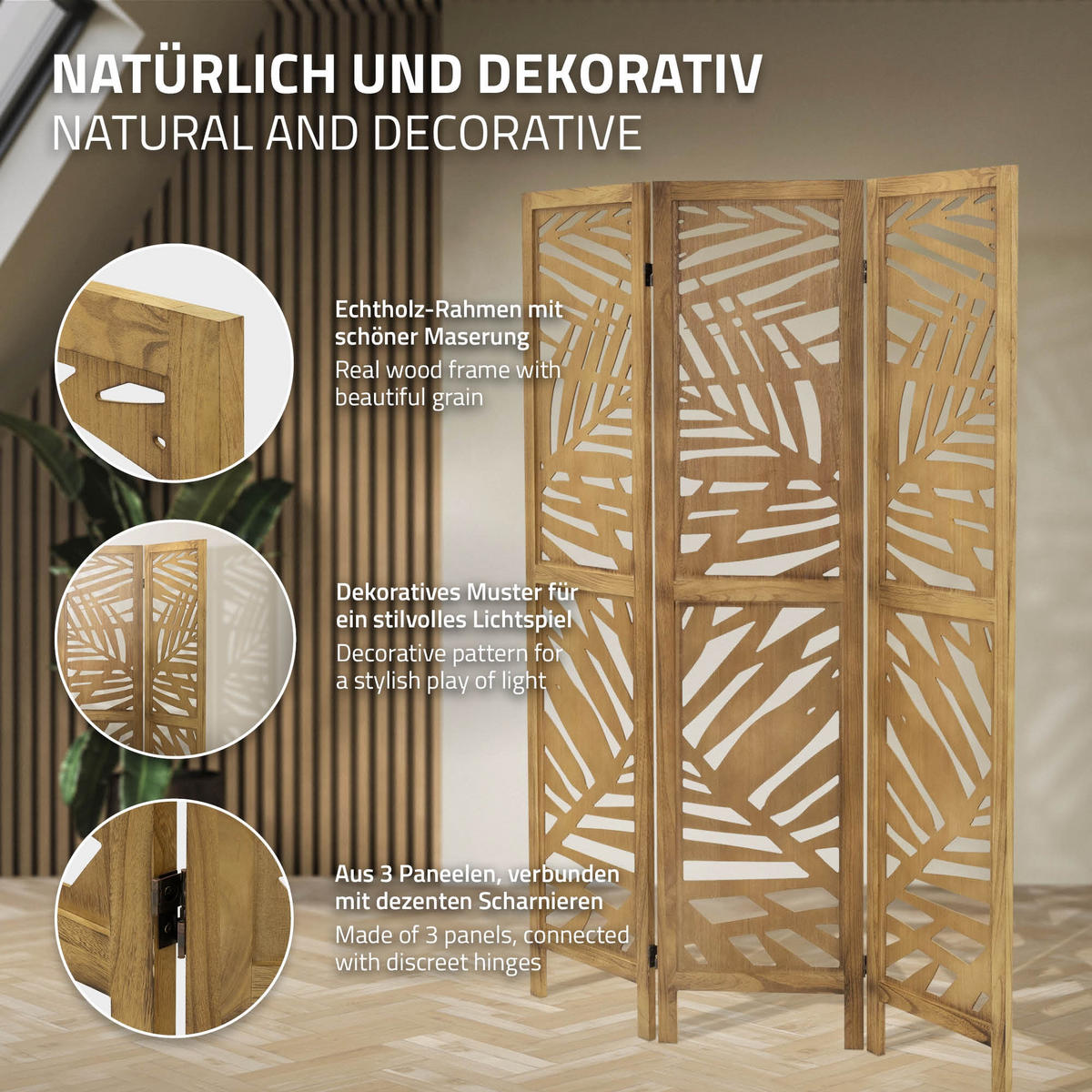 PARAVENT 3 teilig Kyoto 170x121 cm Natur aus Holz - Braun, Holz (121/170/2cm) - ML-DESIGN