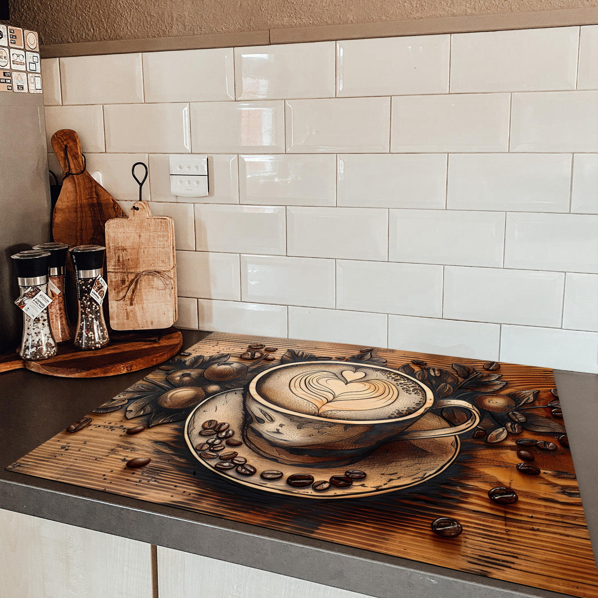 HERDABDECKPLATTE Kaffee - Vintage - Braun - Tasse - Holz 77x59 cm - Cappuccino, Kunststoff (77/0.2/59cm) - MuchoWow