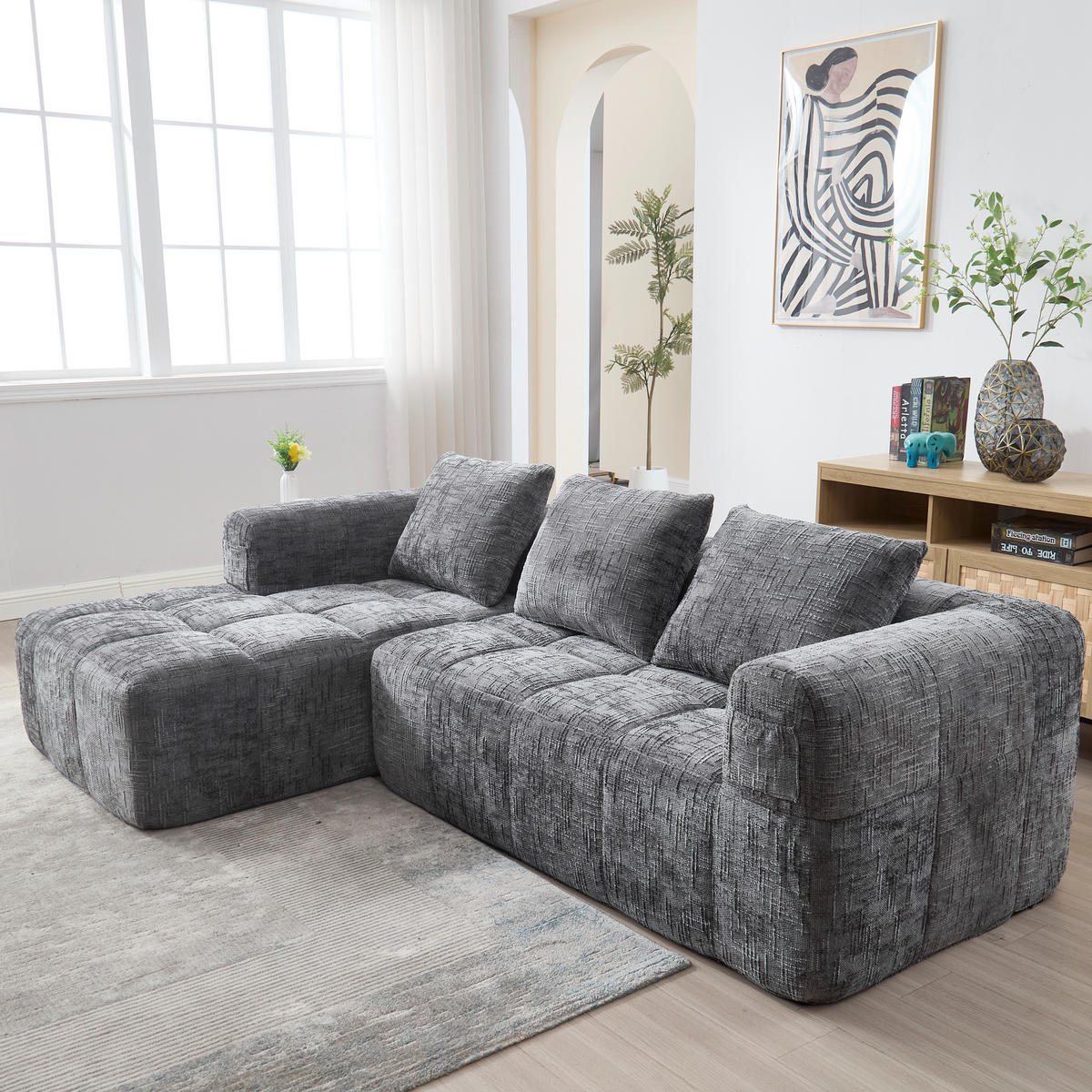 ECKSOFA Chenille Grau mit 3 Kissen und Seitentaschen - Grau, Textil (250/158cm) - WISHDOR